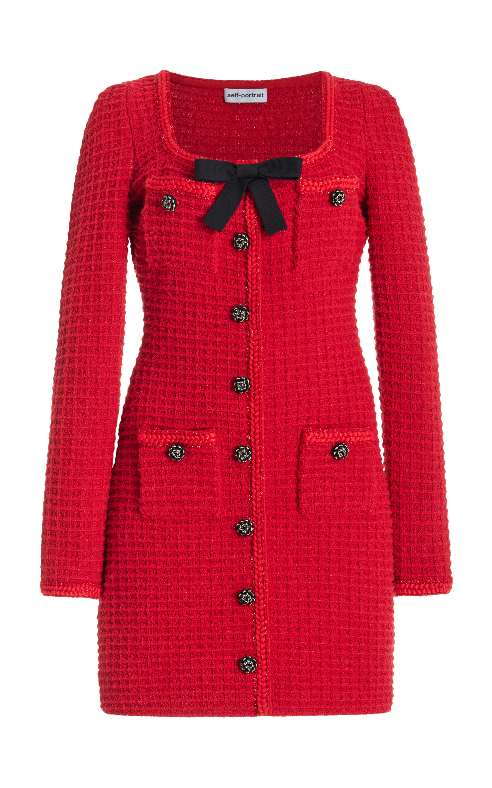 Shop Self-portrait Bow-detailed Tweed Mini Dress In Red