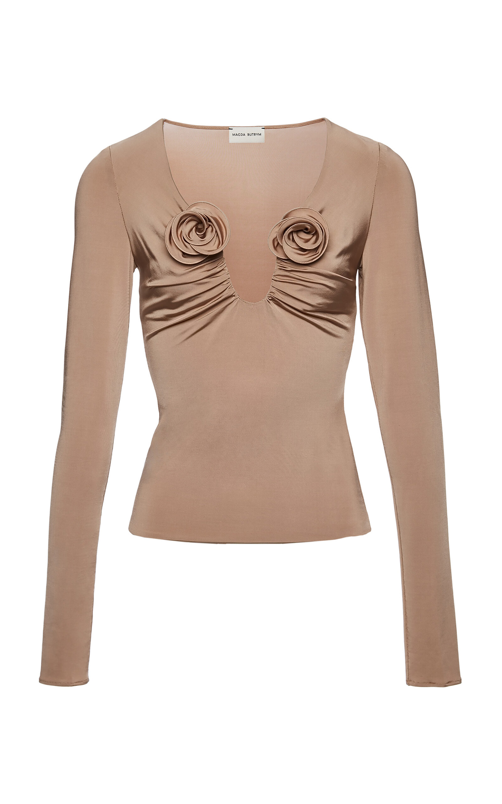 Shop Magda Butrym Rose-detailed Ruched Top In Tan