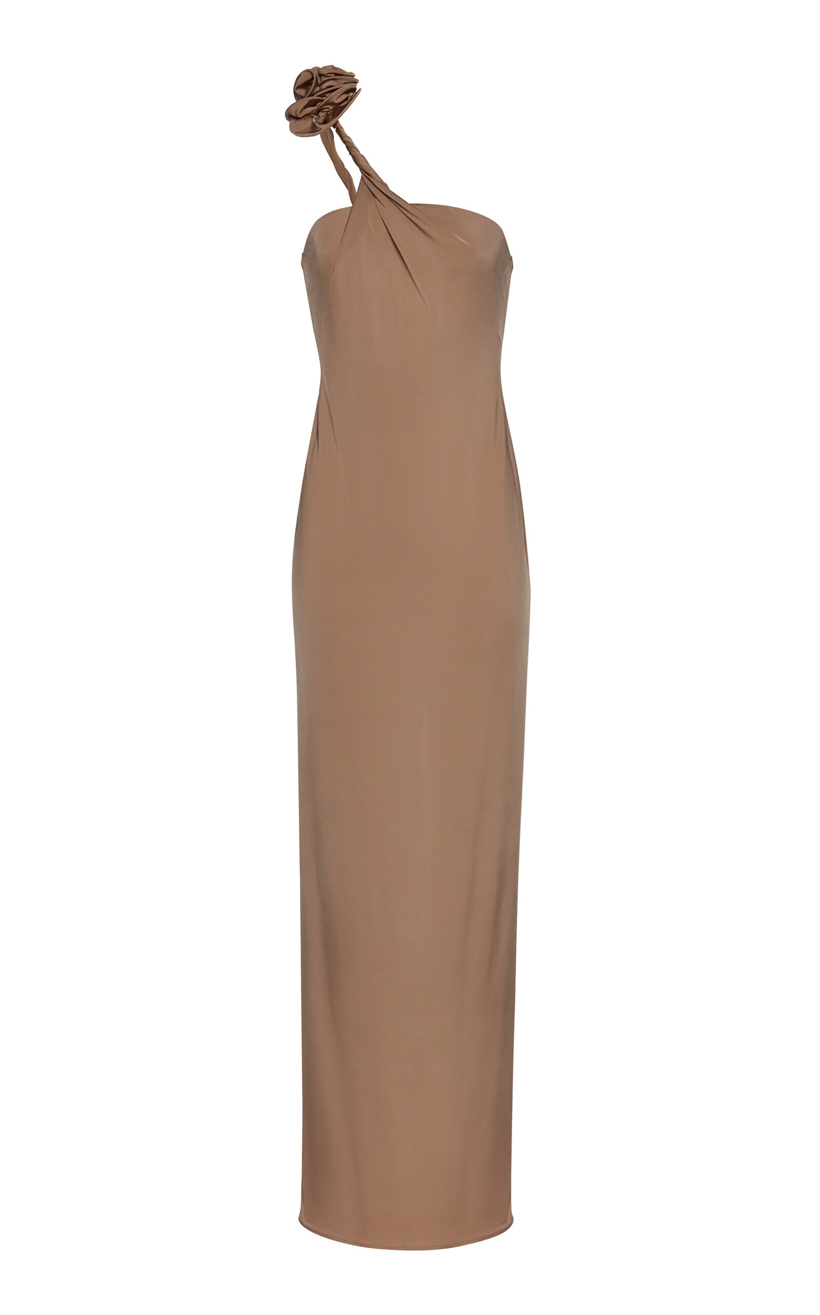 Magda Butrym Floral-appliqué One-shoulder Jersey Maxi Dress In Tan