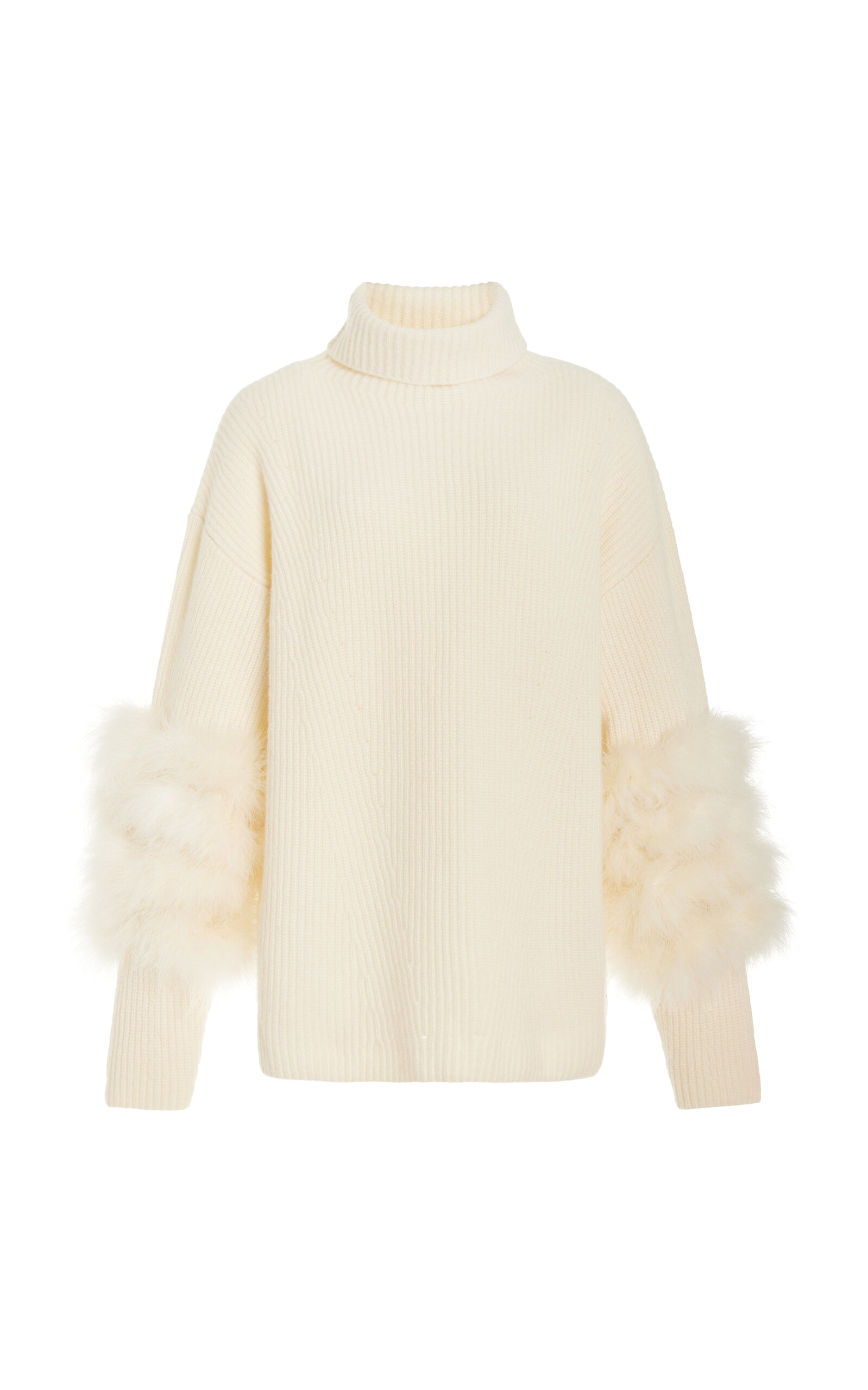 Shop Lapointe Feather-trimmed Knit Silk-cashmere Turtleneck Sweater In Ivory