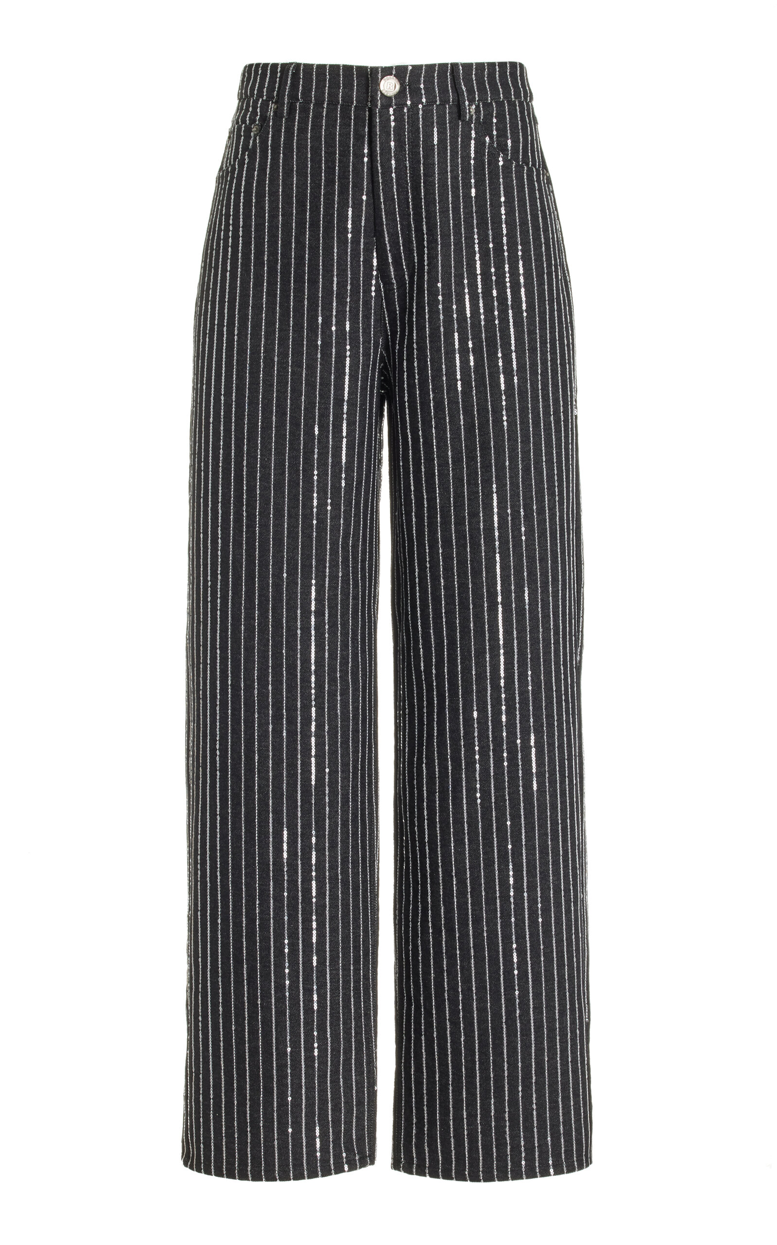 Shop Rotate Birger Christensen Sequined Cotton-twill Wide-leg Pants In Black