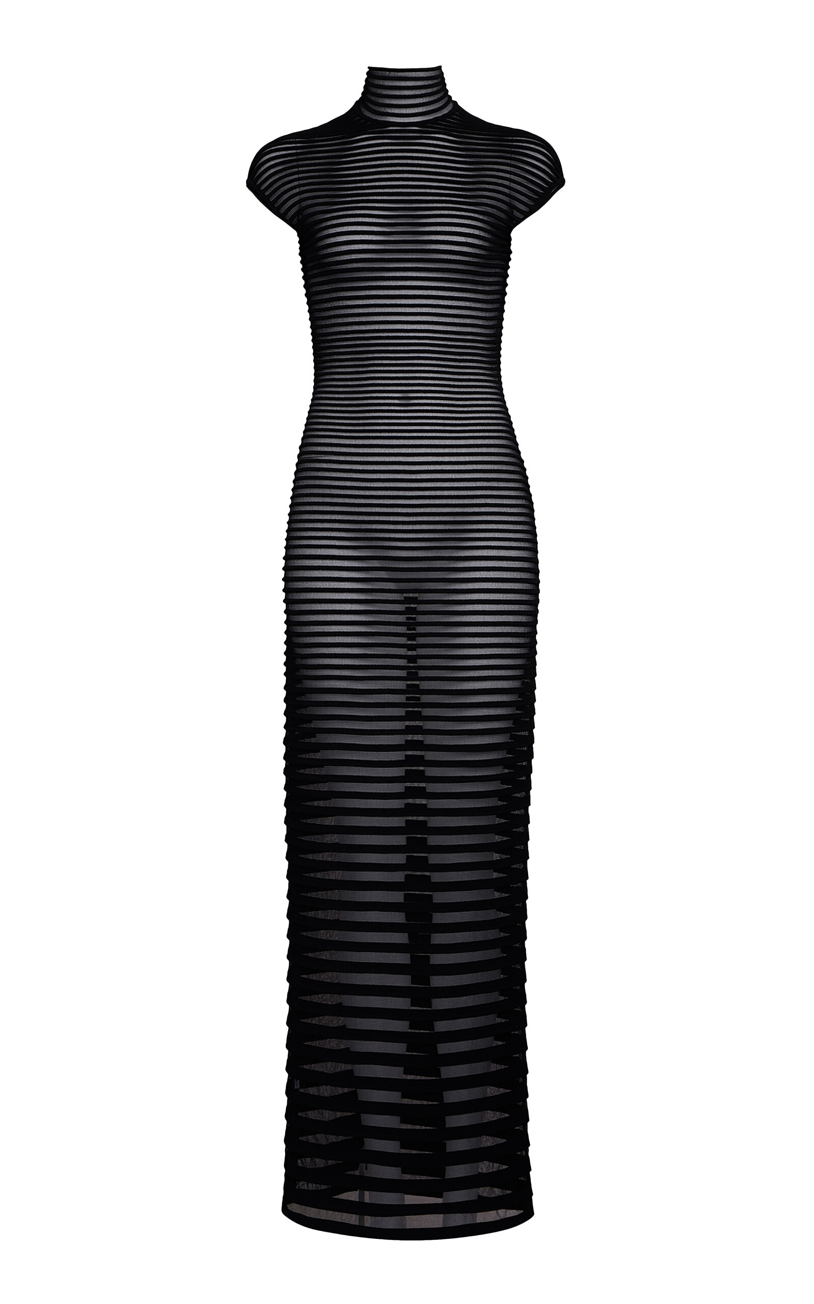 Shop Alaïa Open-back Stripe-knit Turtleneck Maxi Dress In Black