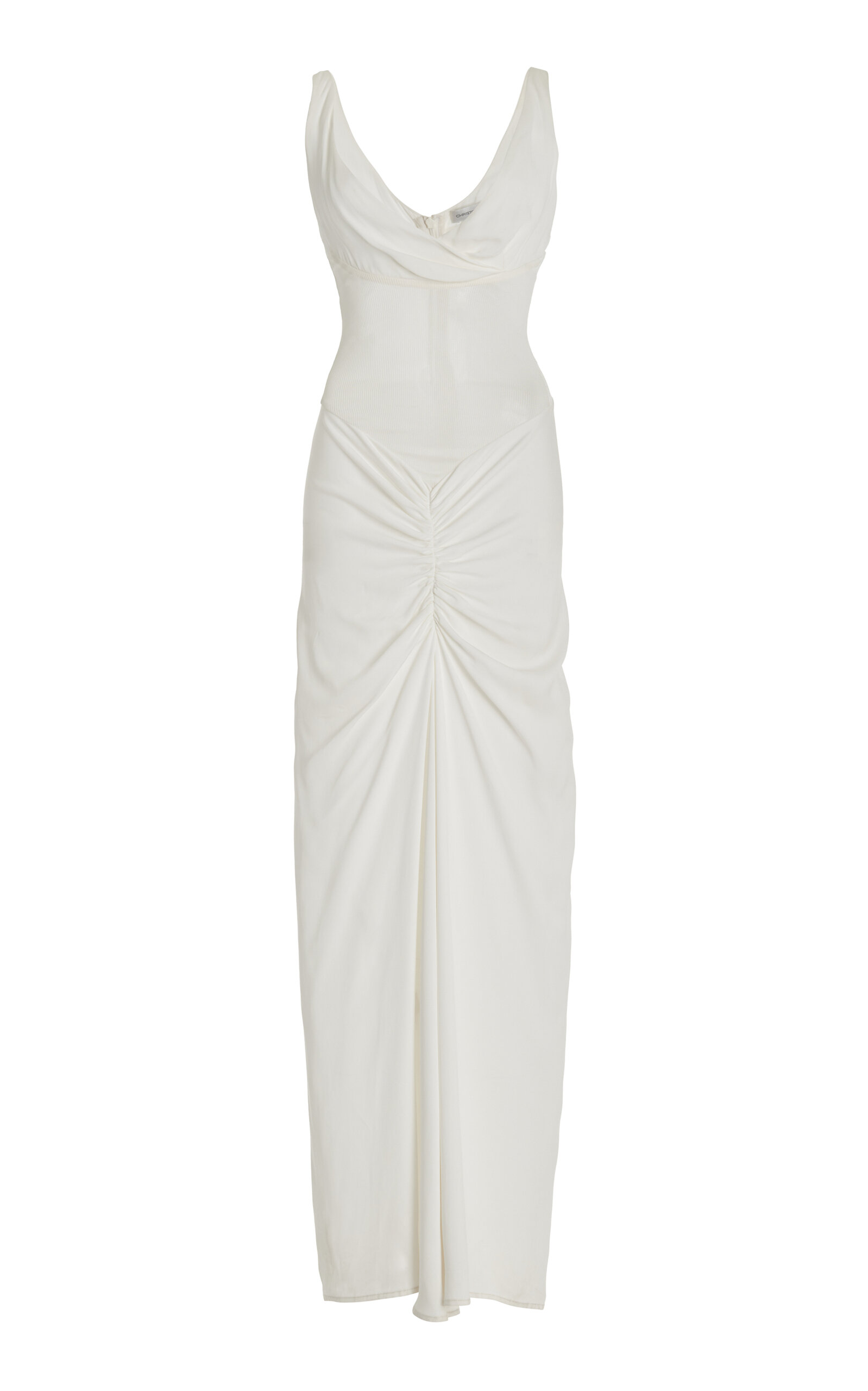 Shop Christopher Esber Fusion Fold Knit-detailed Ruched-crepe Maxi Dress In White