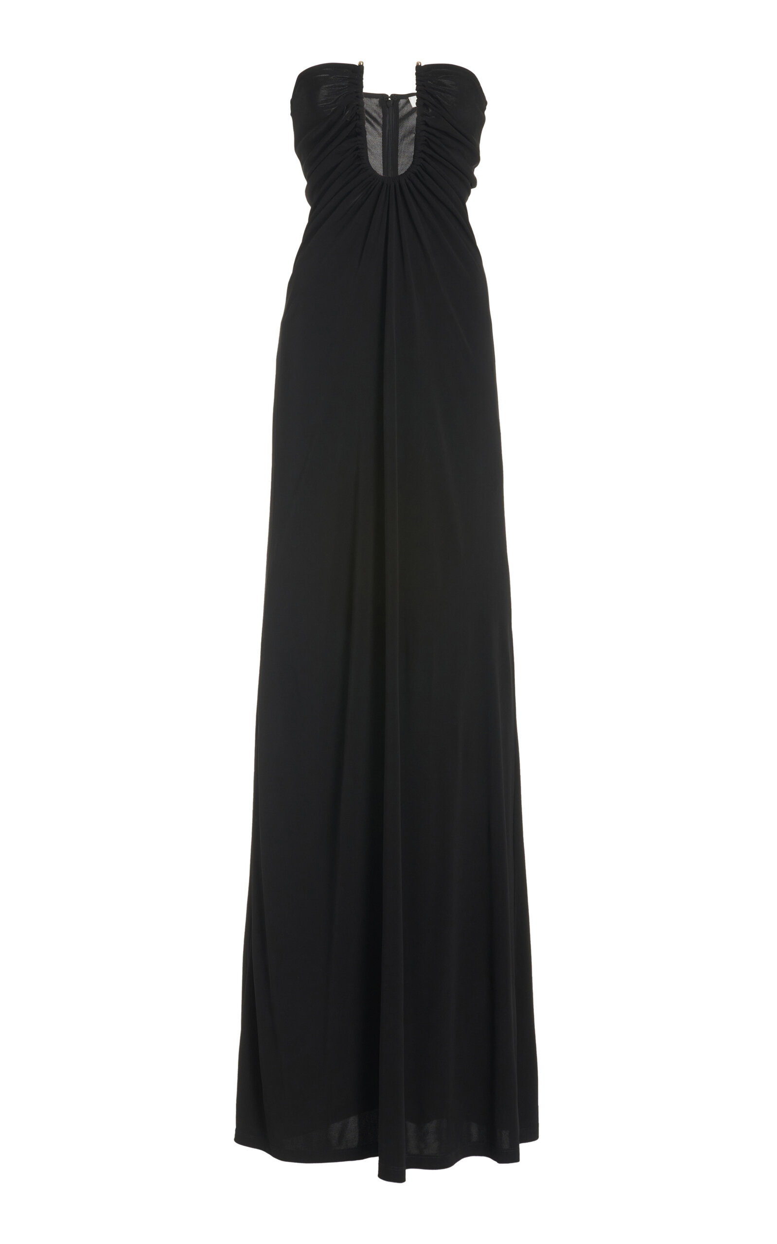 Shop Christopher Esber Arced Palm Strapless Crepe Maxi Dress In Black