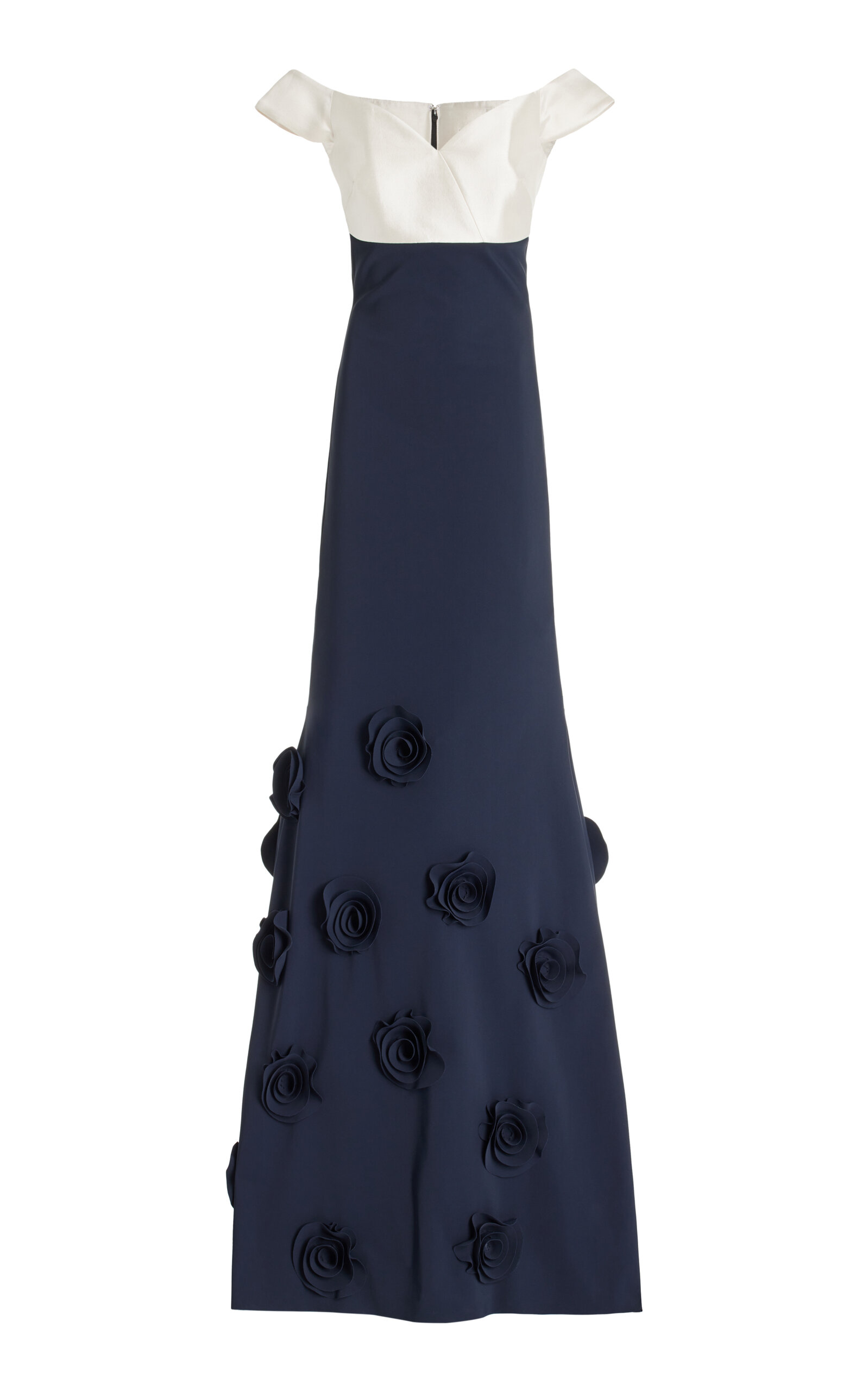Shop Greta Constantine Goro Satin-trimmed Rosette-embellished Crepe Off-the-shoulder Gown In Black