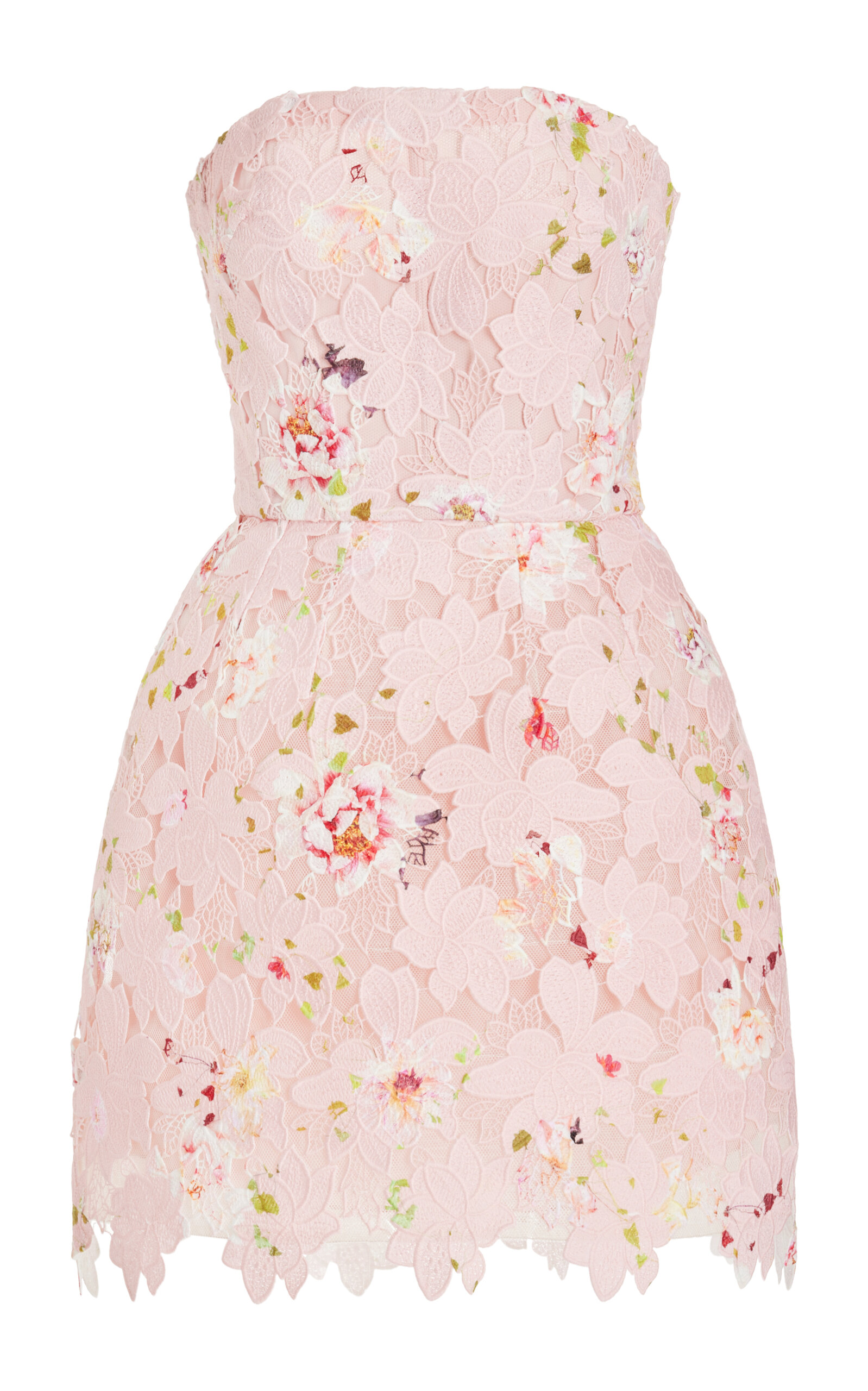 Monique Lhuillier Strapless Lace-detailed Printed Mini Dress In Pink