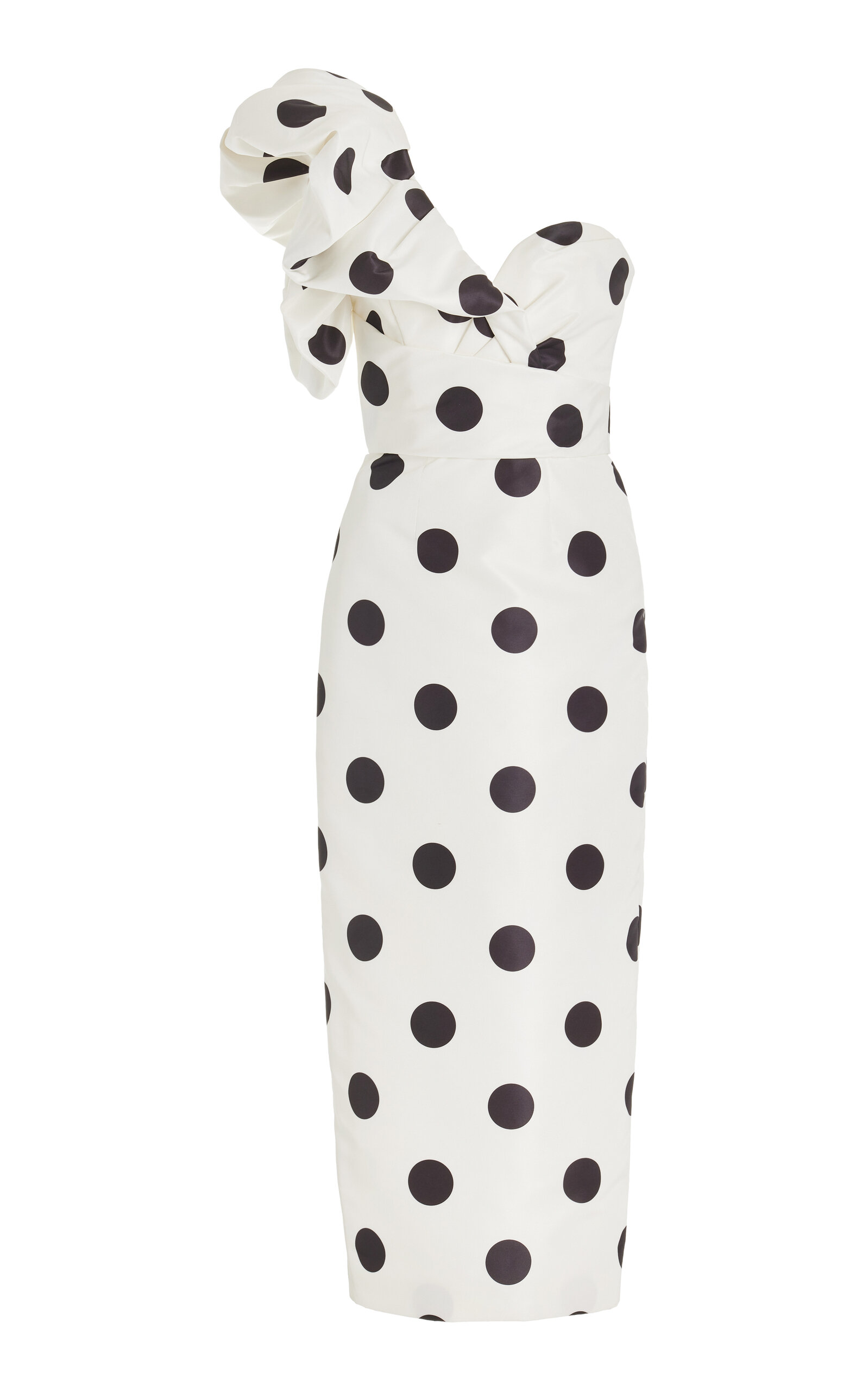 Shop Monique Lhuillier One-shoulder Polka-dot Faille Midi Dress In Black,white