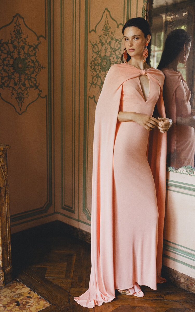 Monique Lhuillier Cape-detailed Crepe Satin Gown In Pink