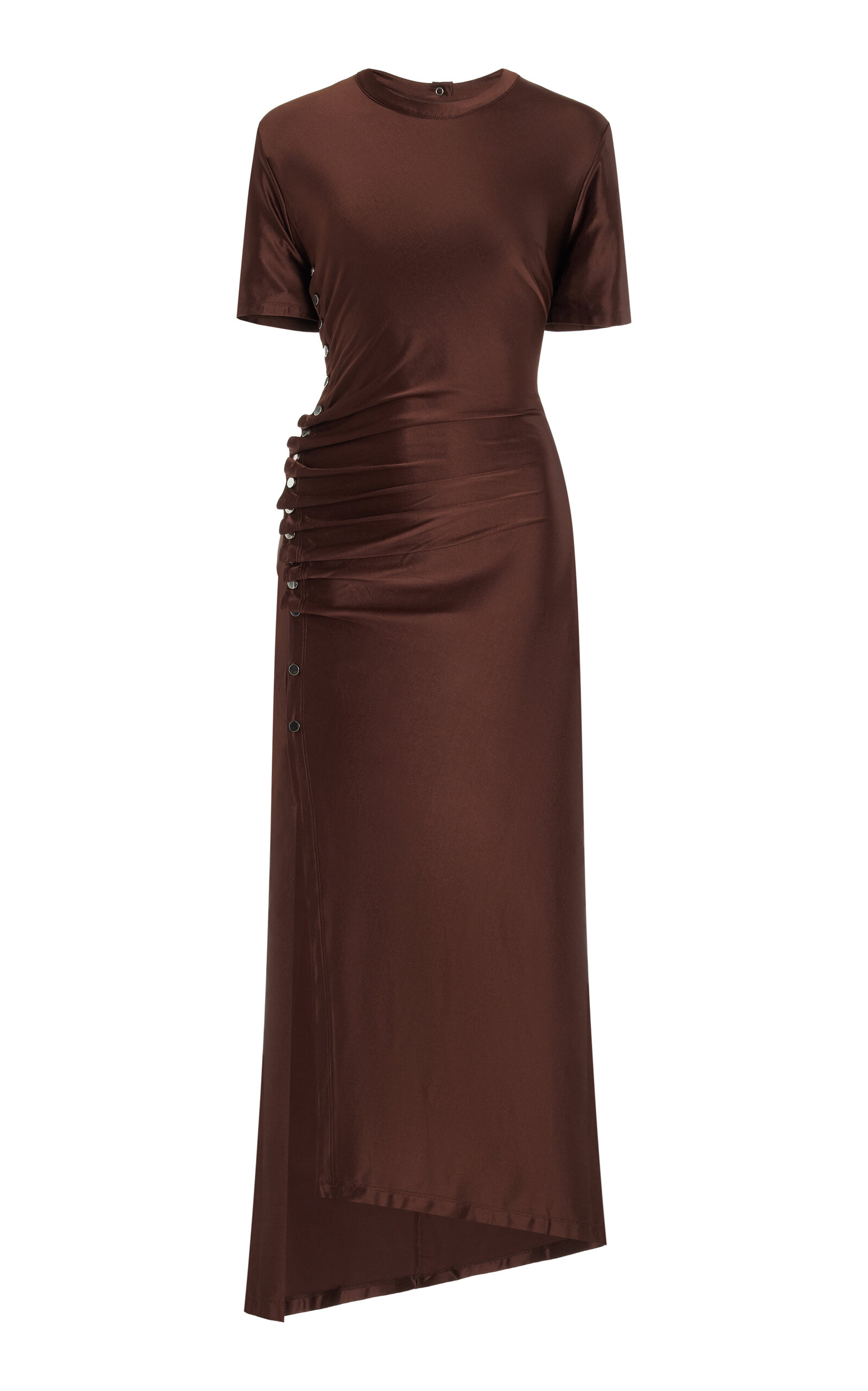 Shop Rabanne Ruched Satin Midi Dress In Brown