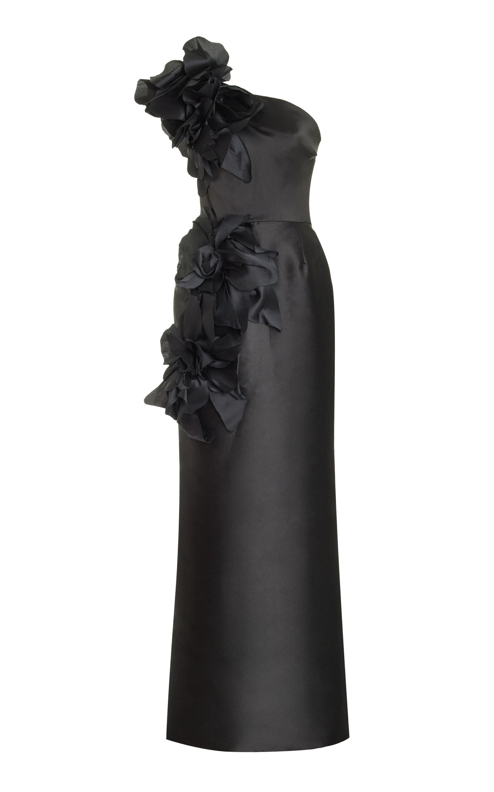 Marchesa One-shoulder Floral-appliquéd Satin Gown In Black