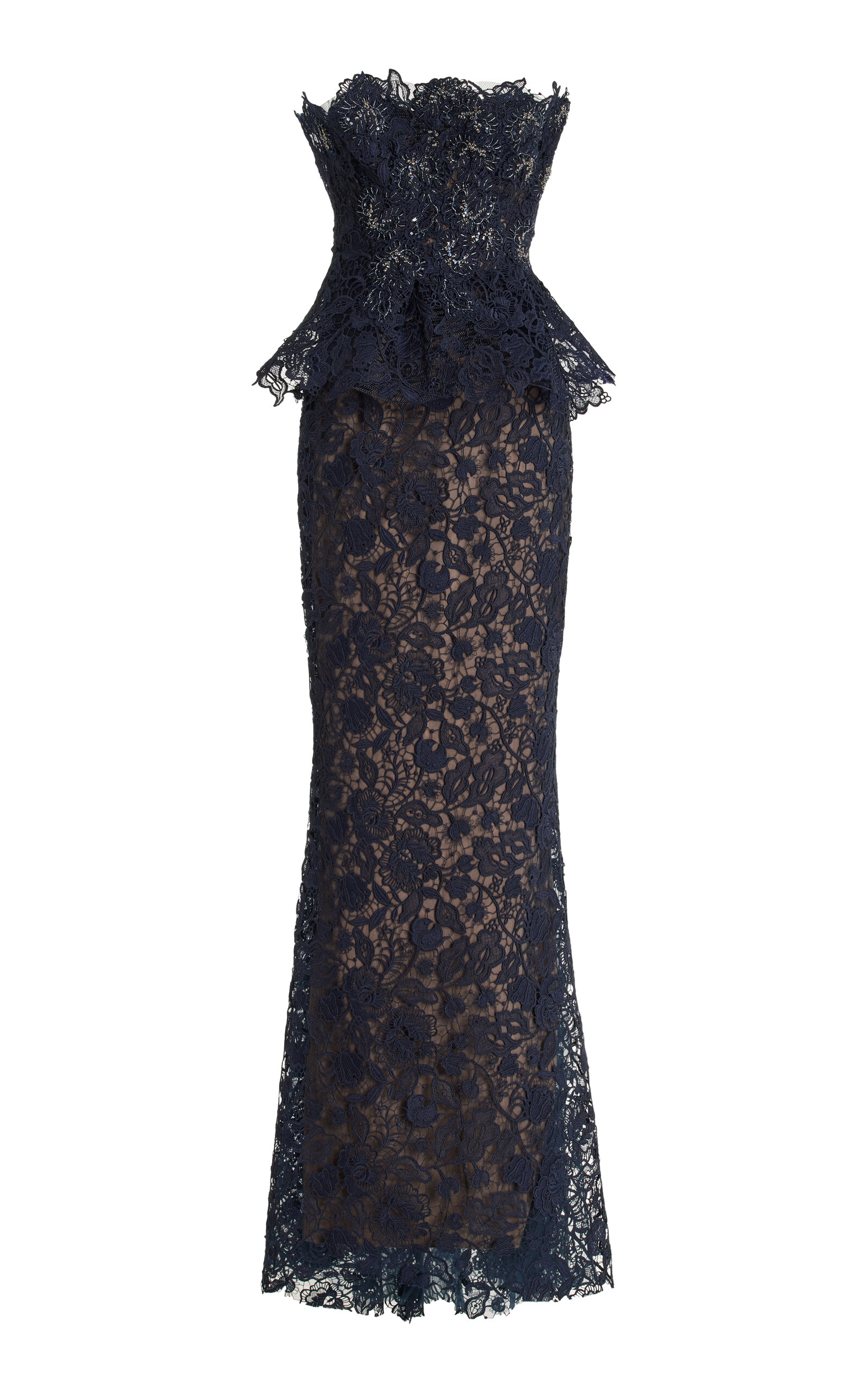 Marchesa Silk Lace Peplum Gown In Navy