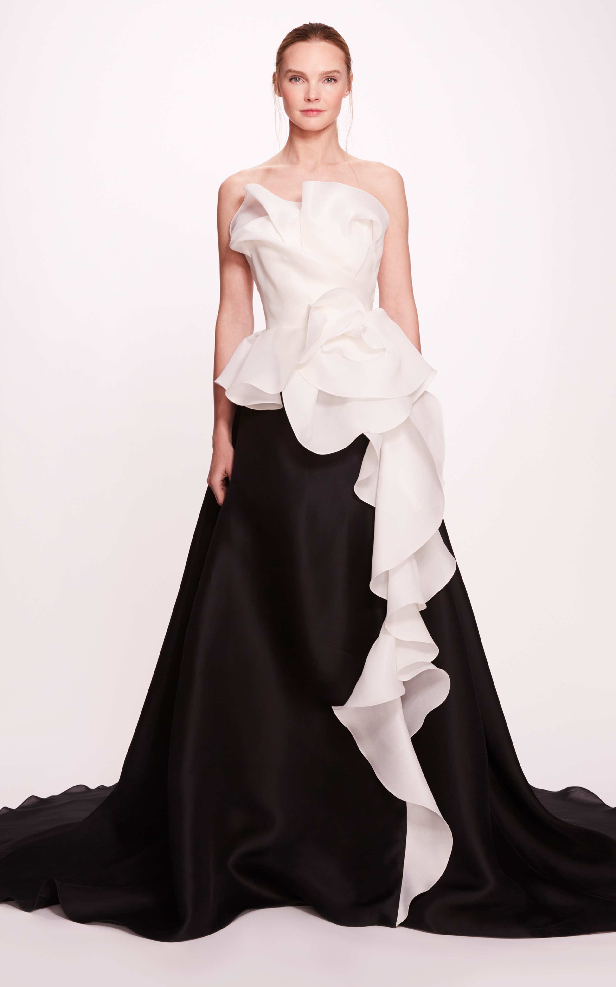 Marchesa Strapless Silk Gazar A-line Gown In Black,white