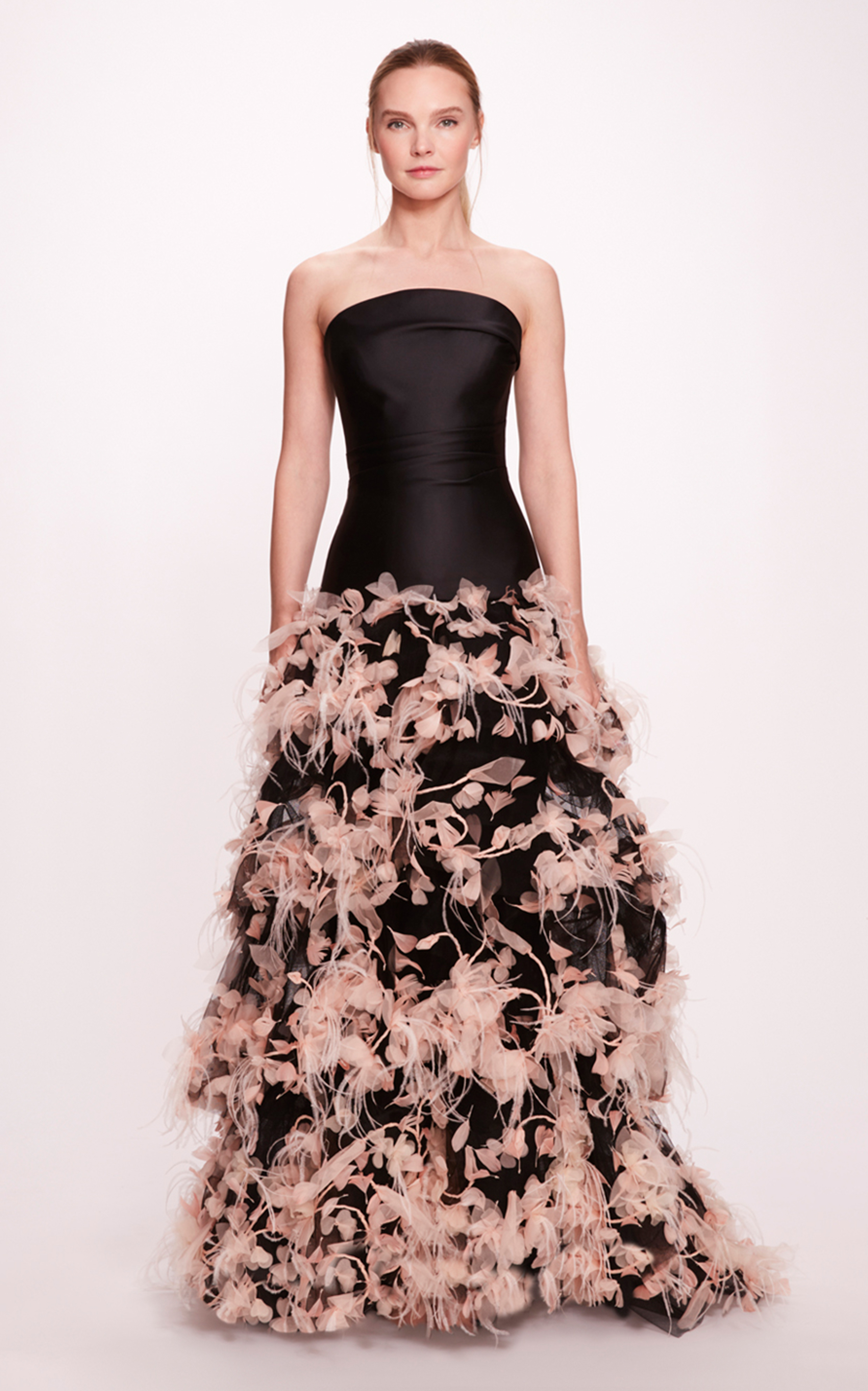 Marchesa Strapless Feathered Satin Gown In Multi