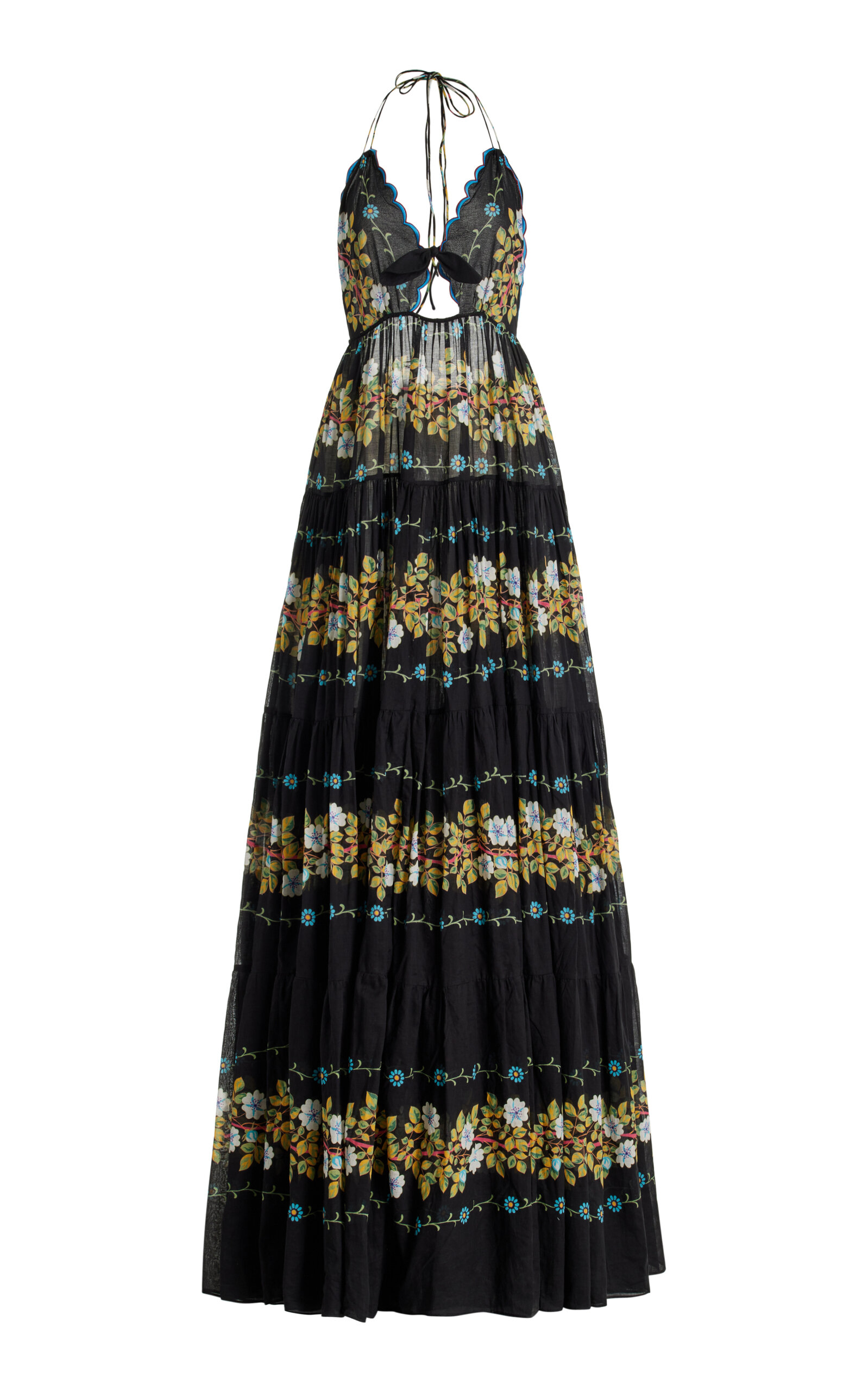 Etro - Cutout Floral Cotton Tiered Maxi Halter Dress - Black - IT 38 - Moda Operandi