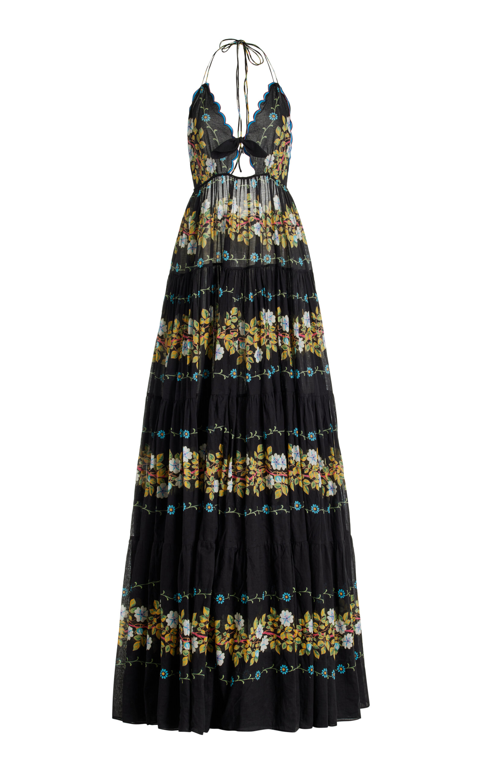Shop Etro Cutout Floral Cotton Tiered Maxi Halter Dress In Black