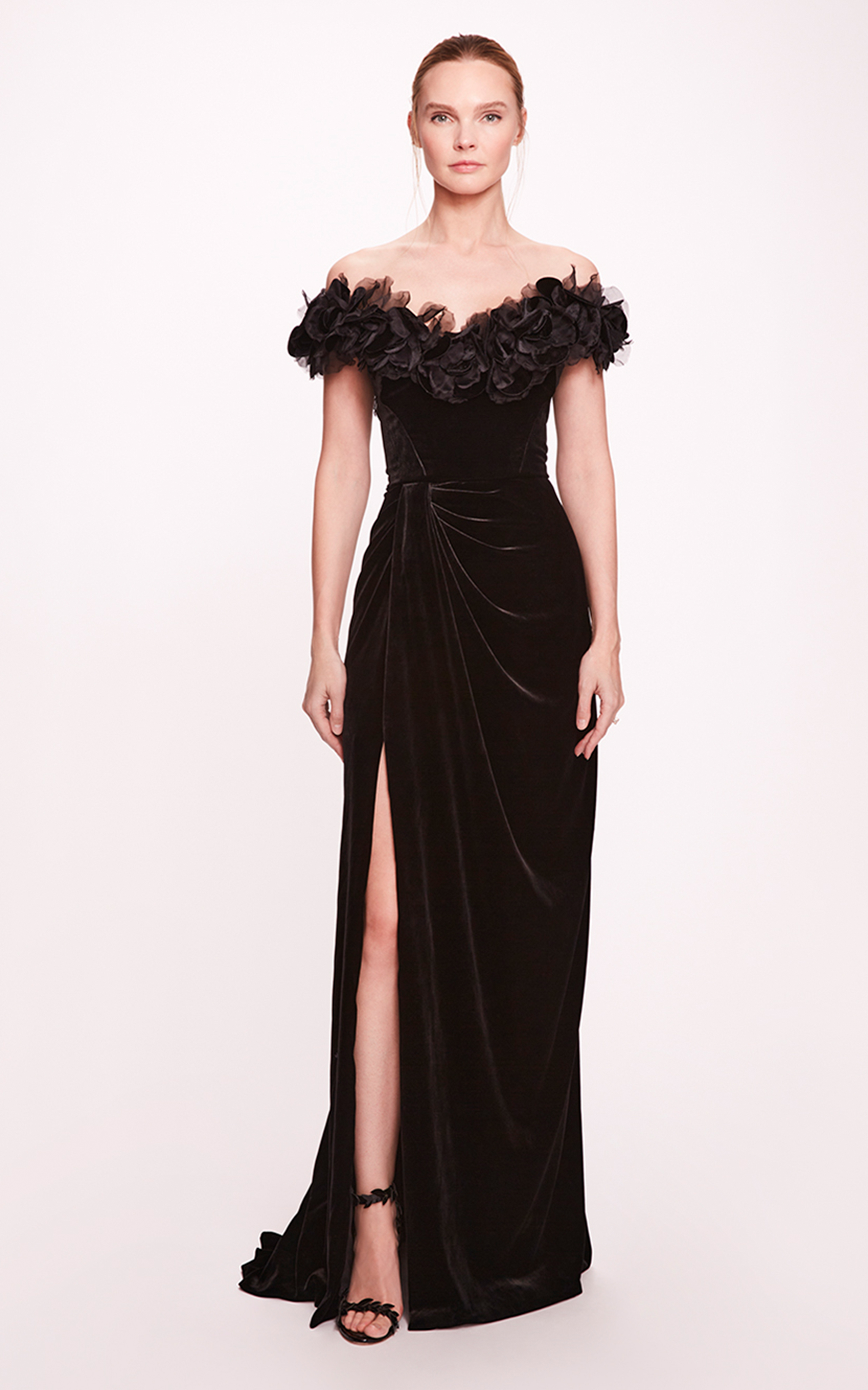 Marchesa Gathered Velvet Gown With Floral Detail In Multi