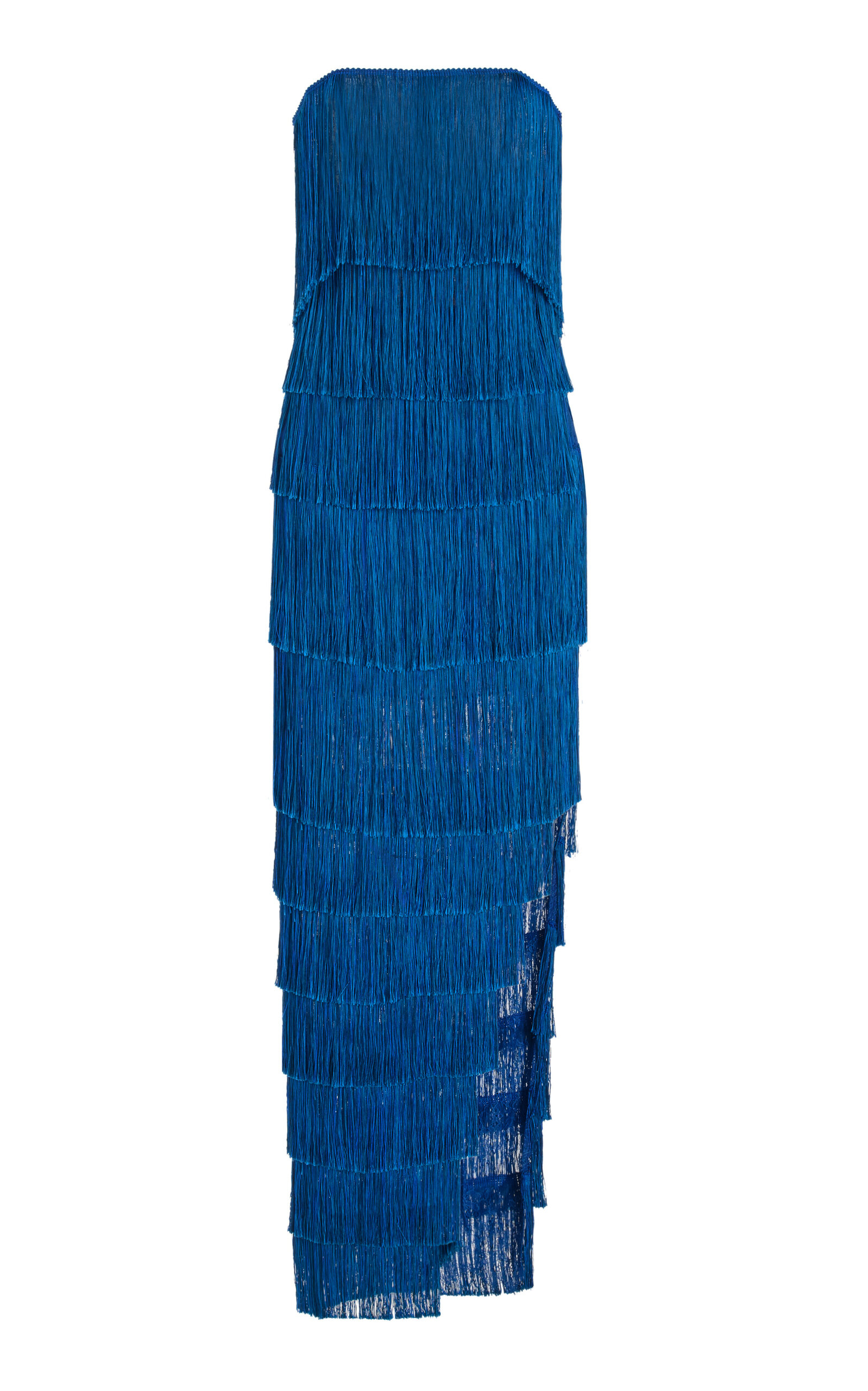 Francesca Miranda Lili Strapless Fringed Silk-blend Dress In Blue