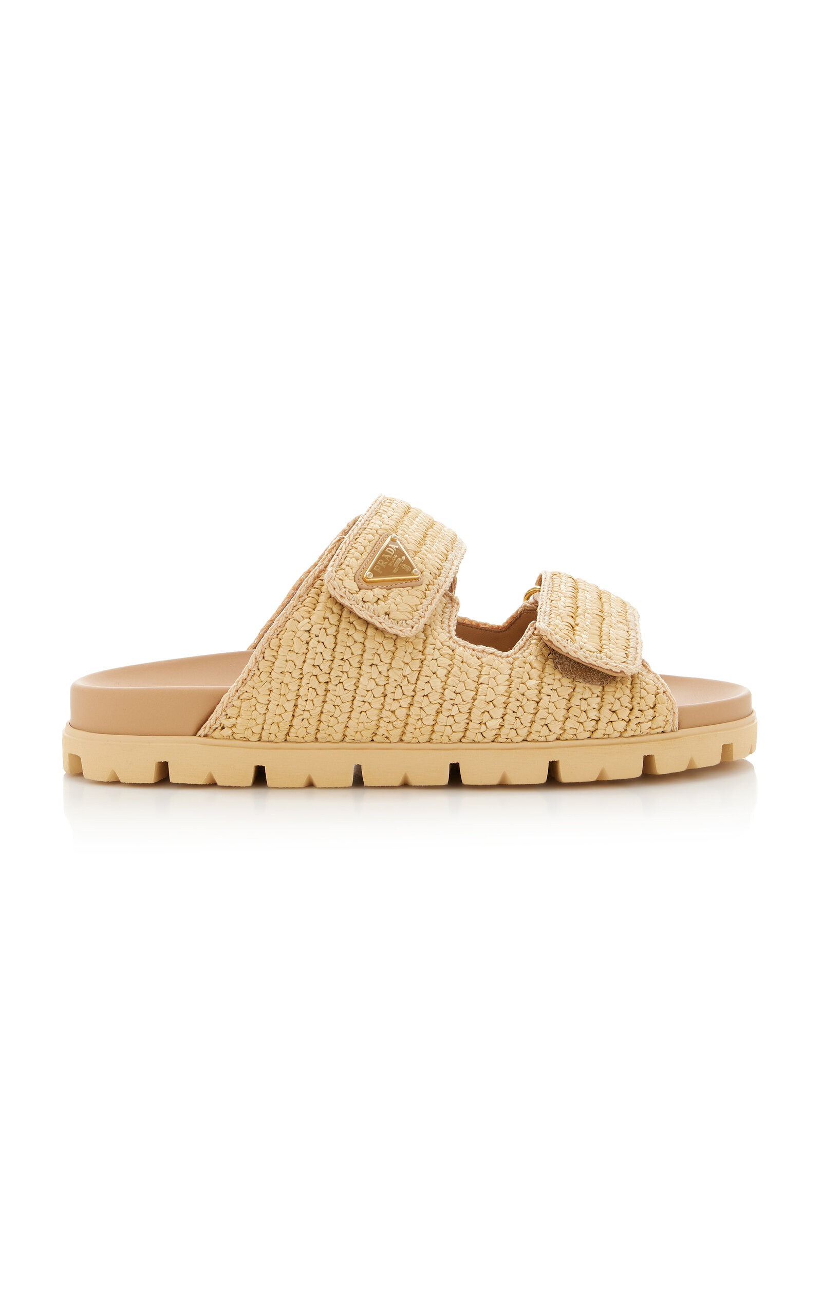 Shop Prada Woven Raffia Sandals In Tan