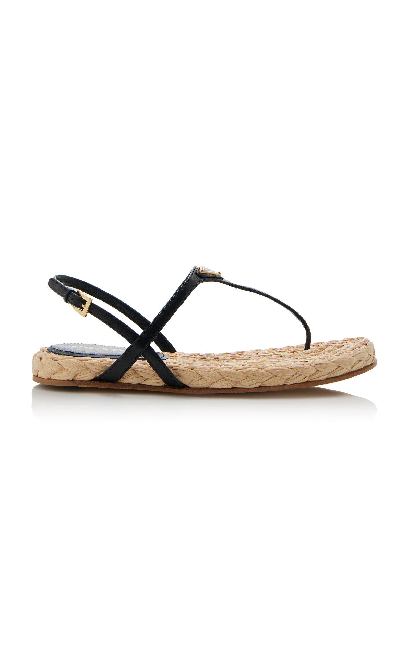 Prada Leather; Raffia Sandals In Black