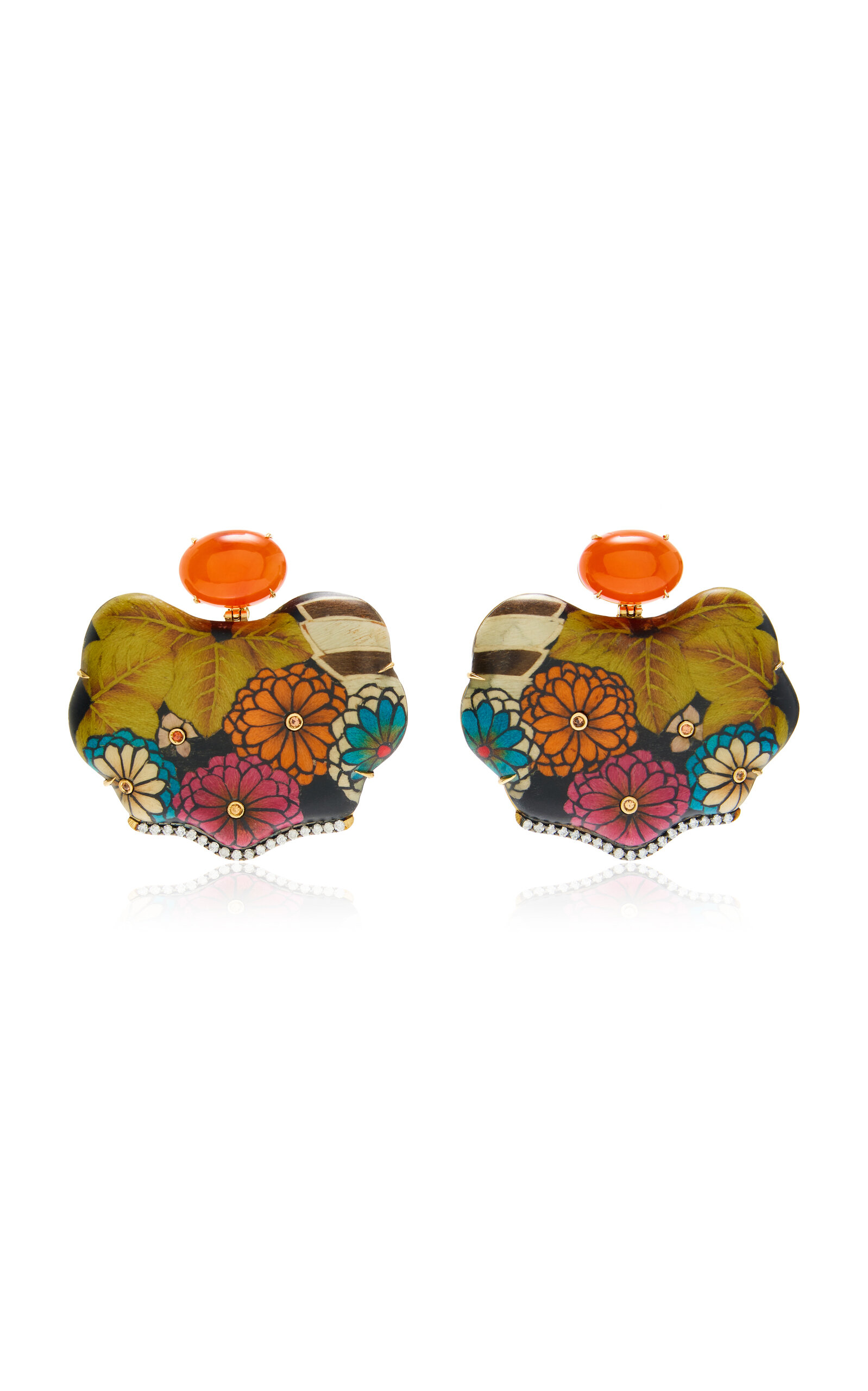 Silvia Furmanovich Sapphire And Marquetry Wood Floral Earrings In Orange