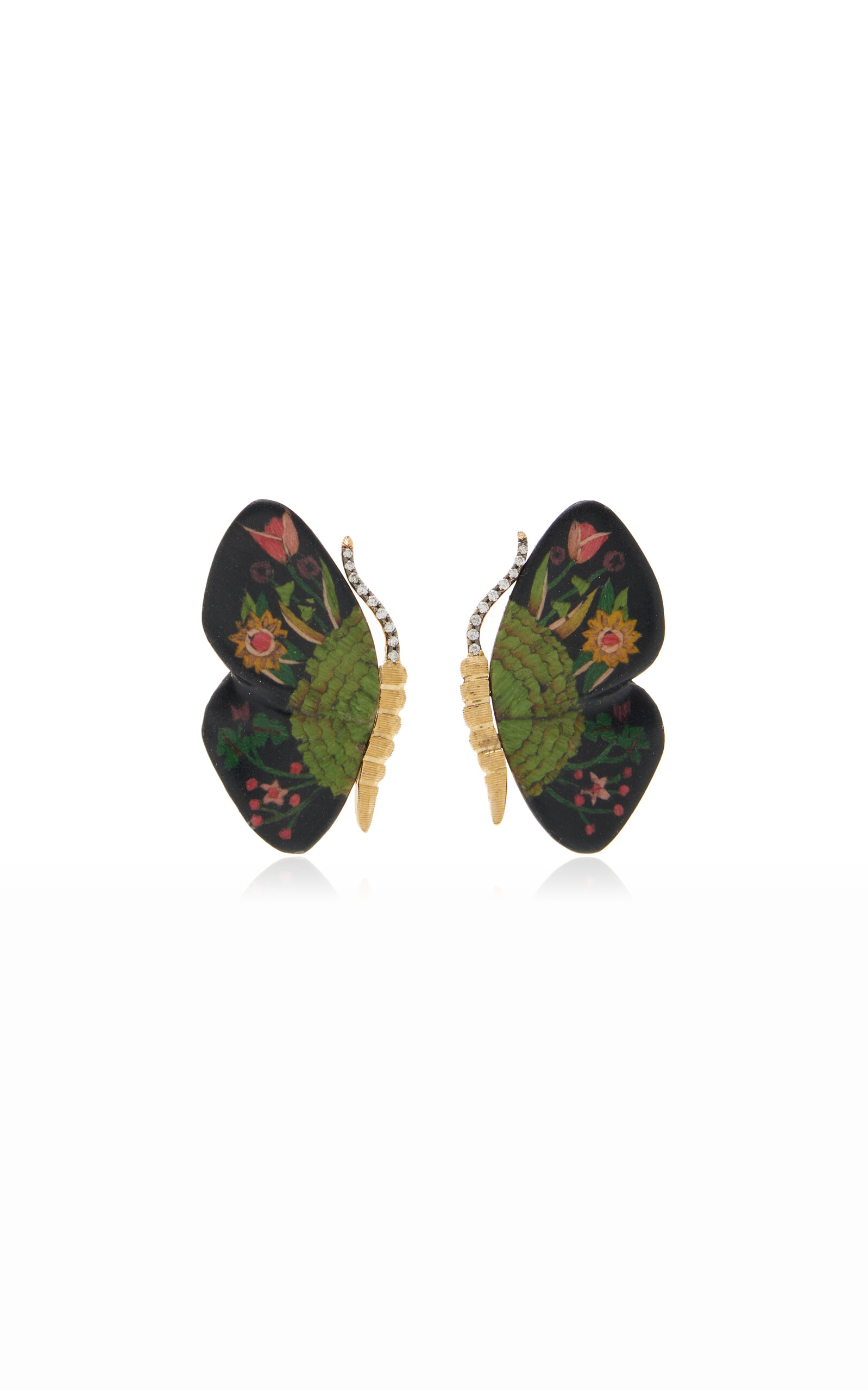 Marquetry Wood 18K Yellow Gold Diamond Butterfly Earrings