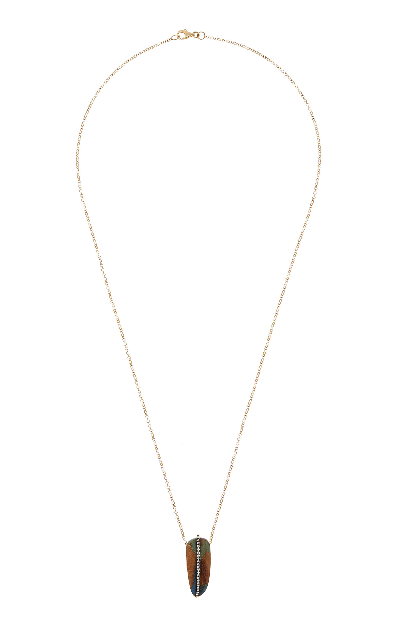 Marquetry Wood 18K Yellow Gold Diamond Feather Necklace
