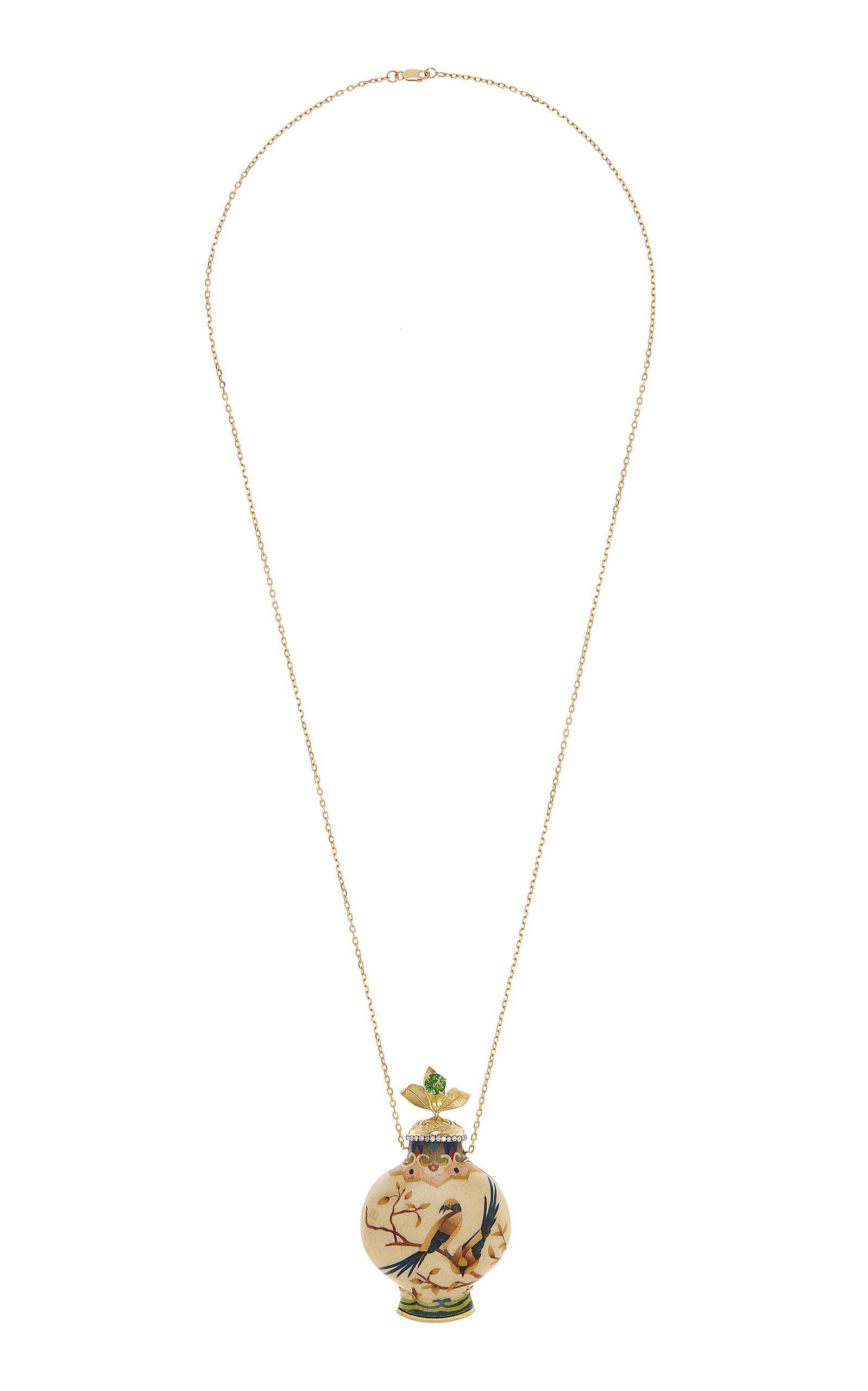 Marquetry Wood 18K Yellow Gold Diamond; Tourmaline Bottle Necklace