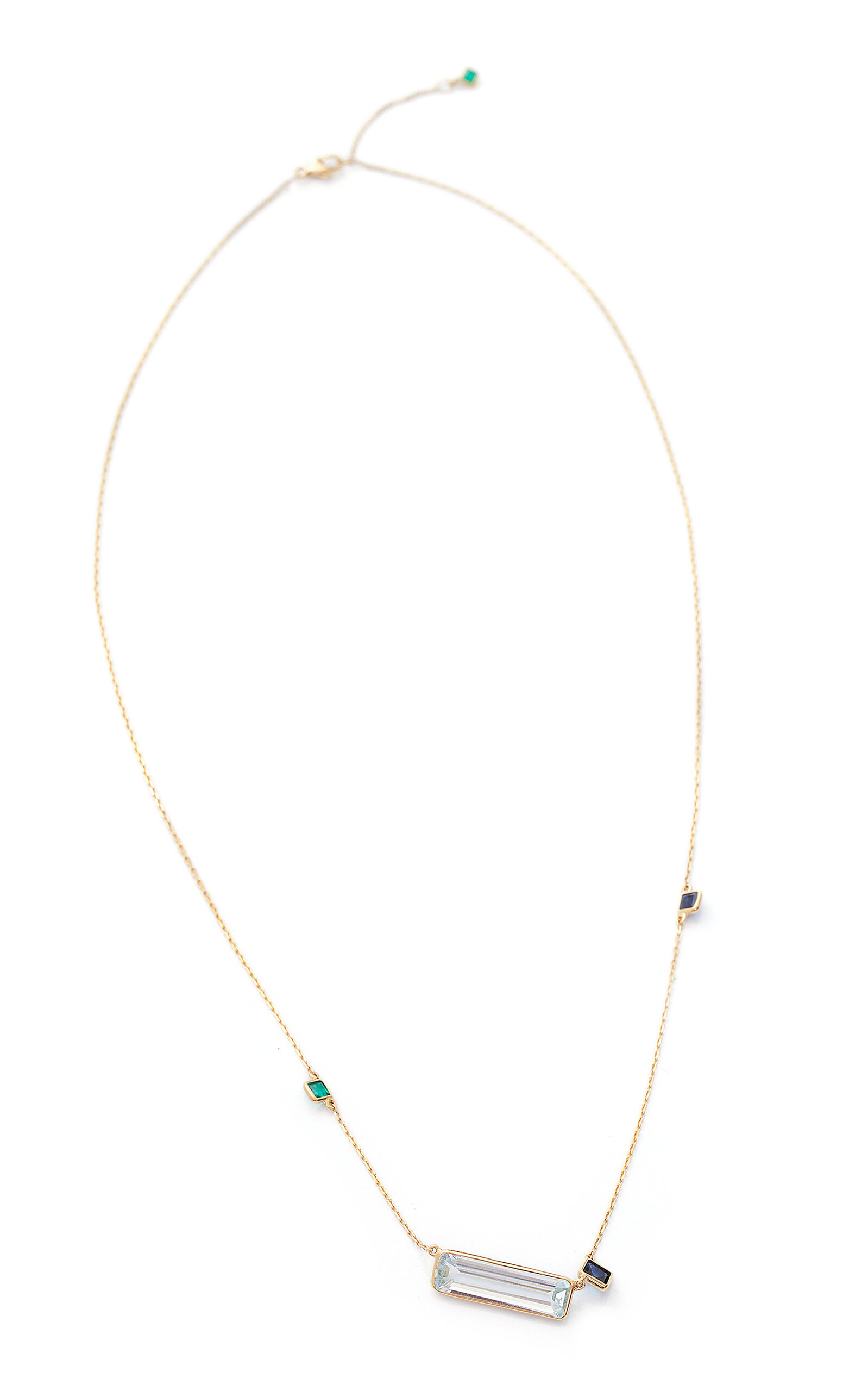 18K Yellow Gold Aquamarine With Emerald And Sapphire Bar Necklace