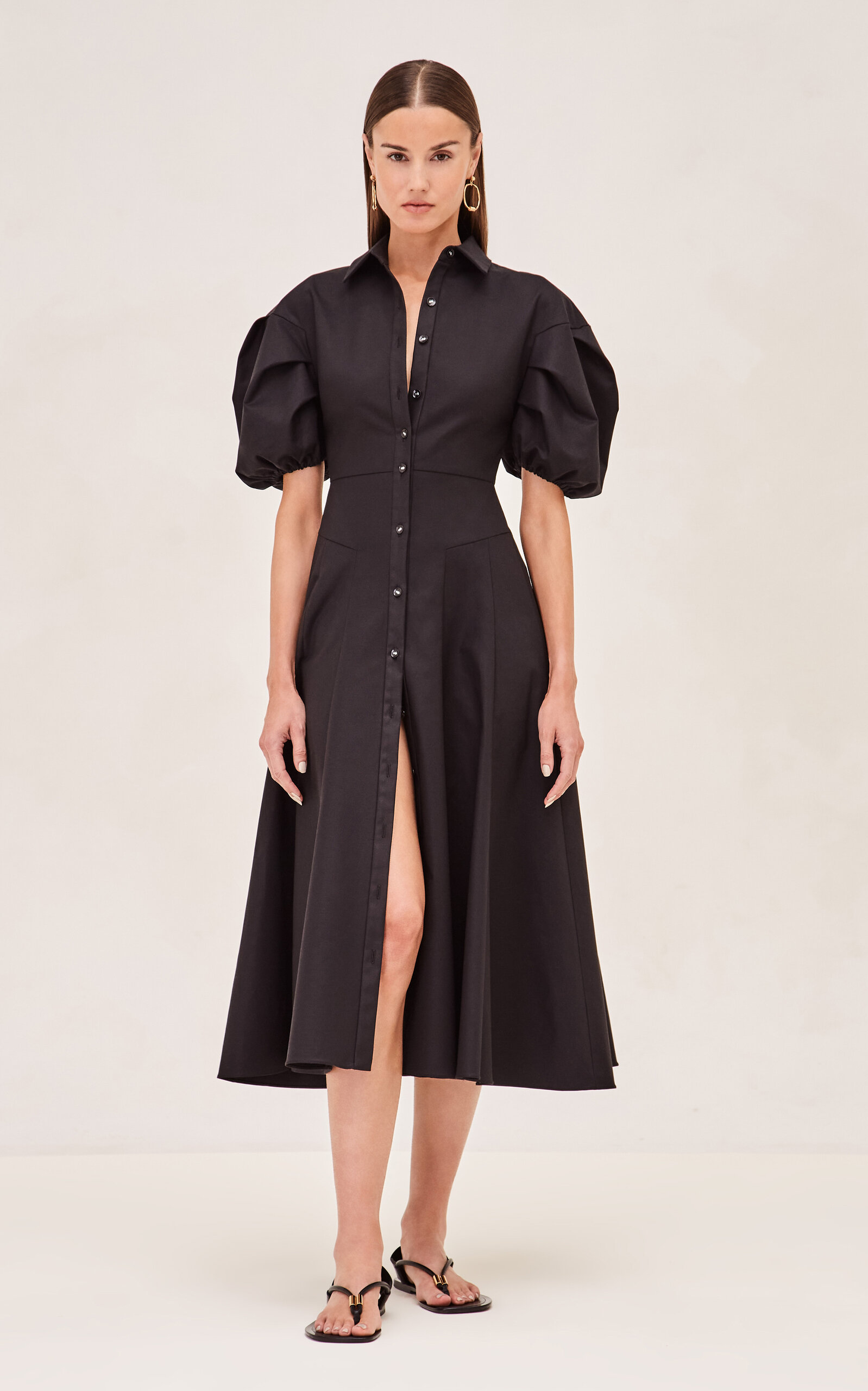 Alexis Amilya Puff Sleeve Stretch Cotton Midi Shirt Dress In Black