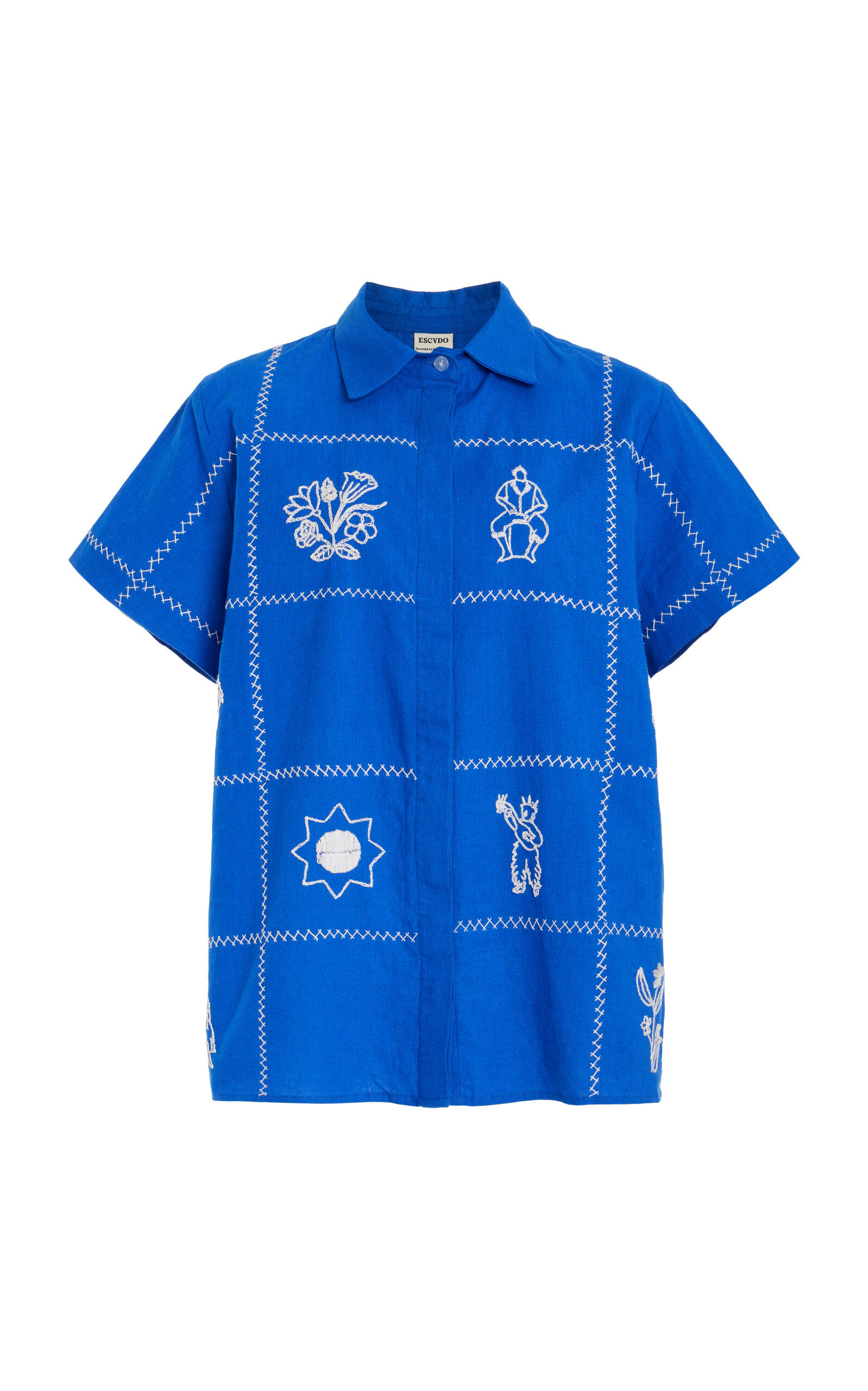 ESCVDO Carmen Hand-Embroidered Cotton-Linen Shirt  - Blue