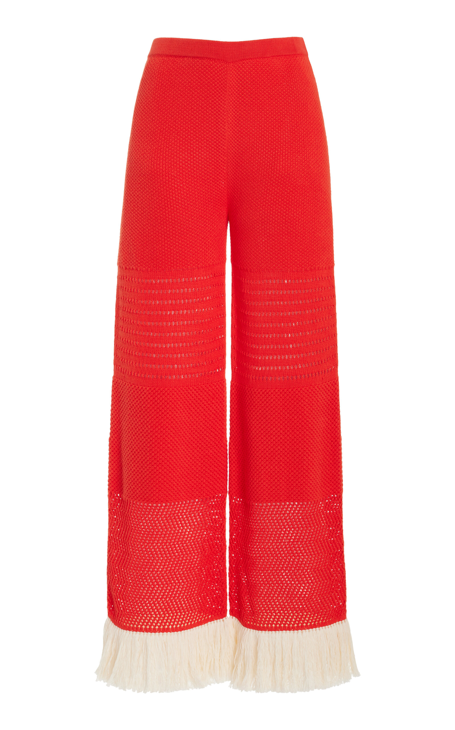 ESCVDO Carisa Fringe-Detailed Knit Cotton Wide-Leg Pants  - Red - XS