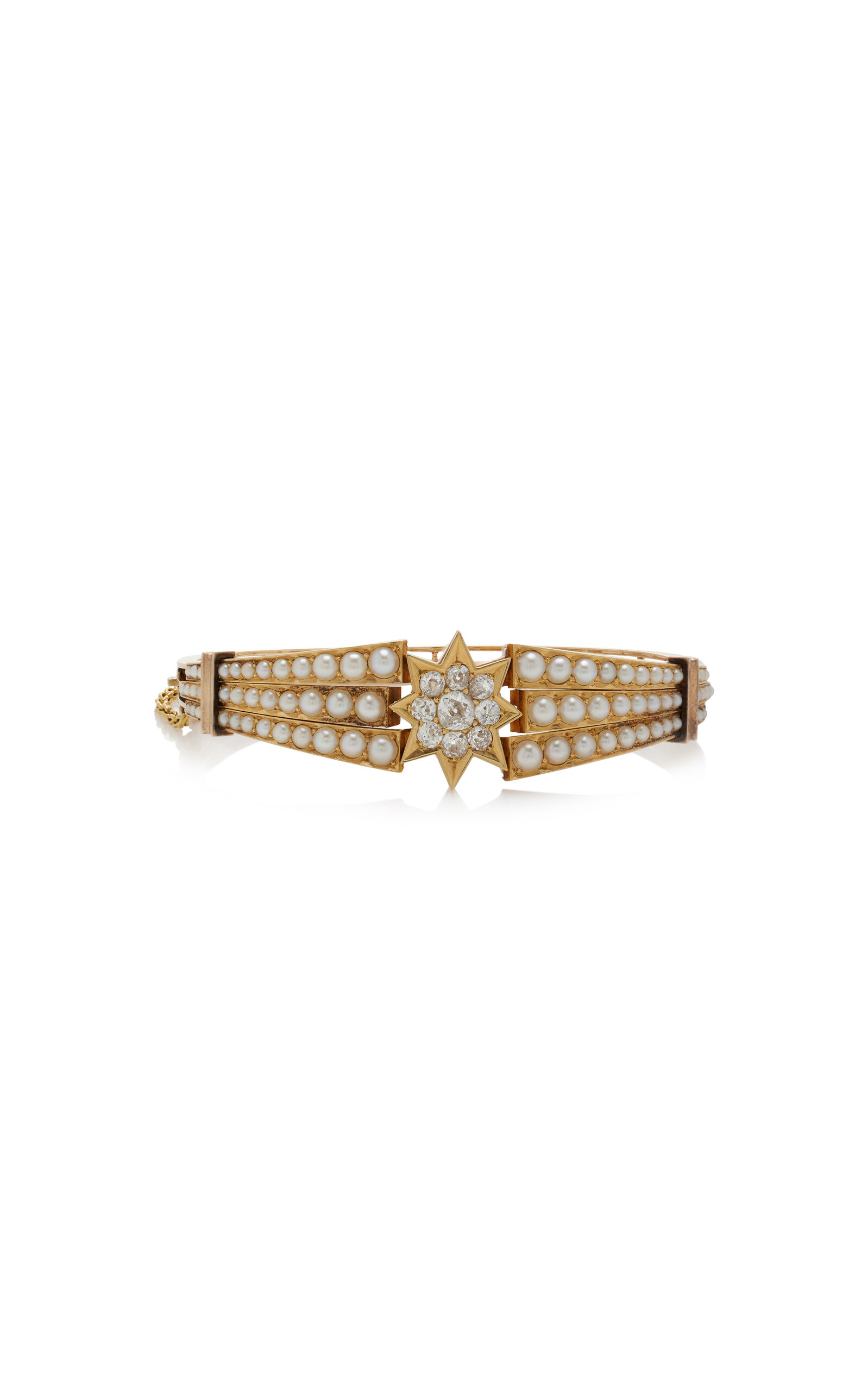 One-of-a-Kind Victorian 15K Yellow Gold Pearl; Diamond Bangle Bracelet
