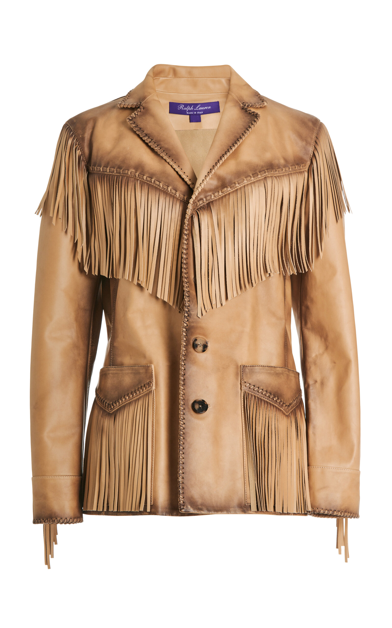 Ralph Lauren Bryleigh Fringe Leather Western Jacket In Mottled Beige