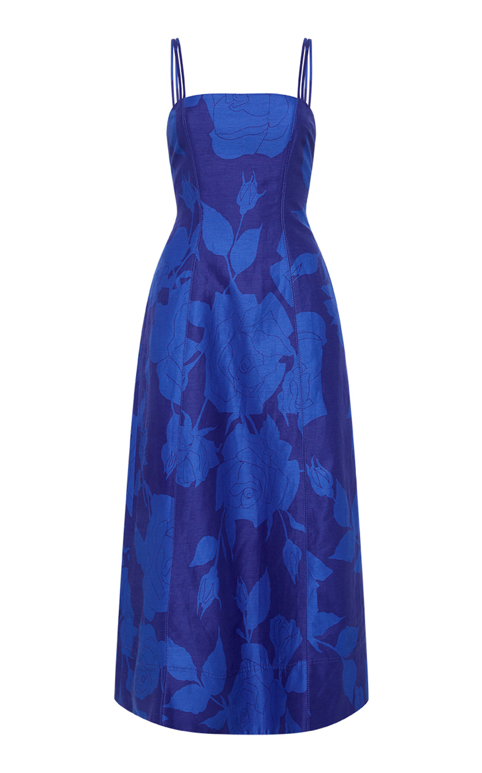 Aje Belonging Printed Linen-blend Midi Dress In Blue