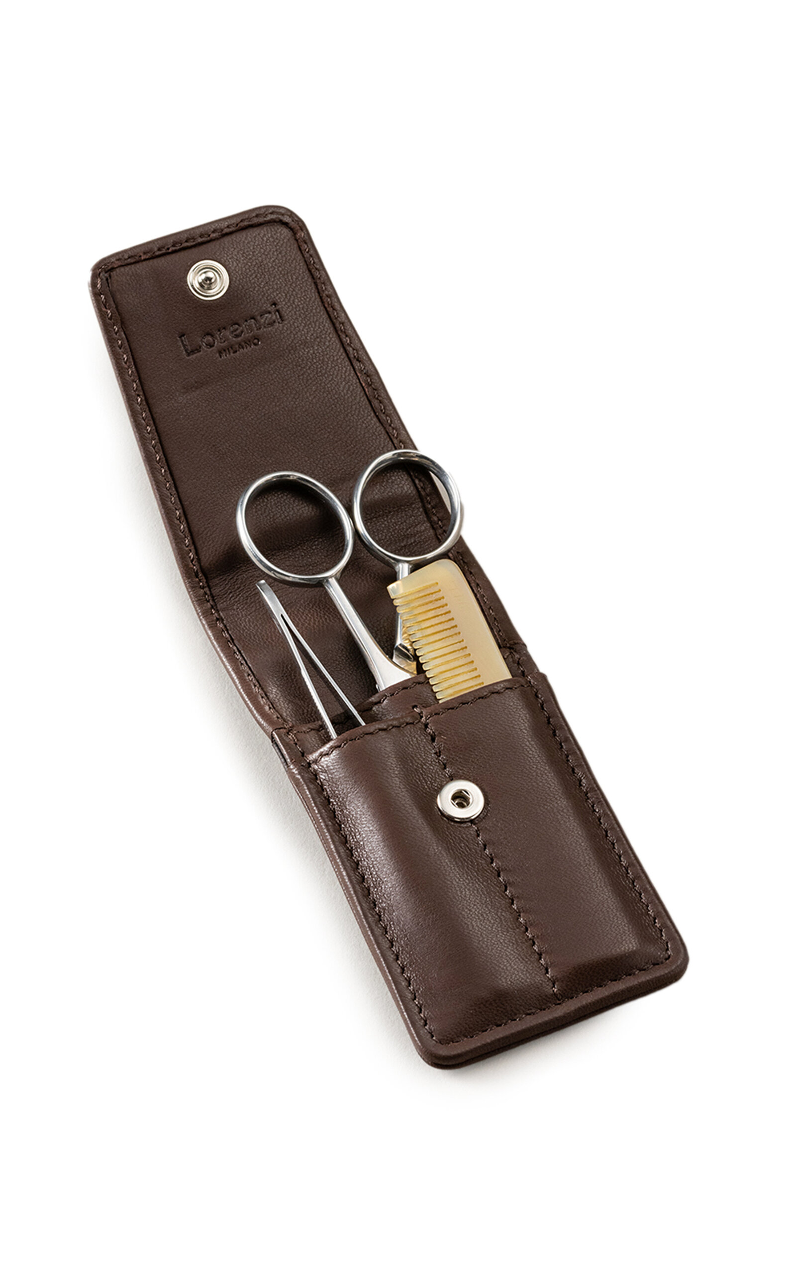 Lorenzi Milano Leather And Stainless Steel Beard And Mustache Set In Brown