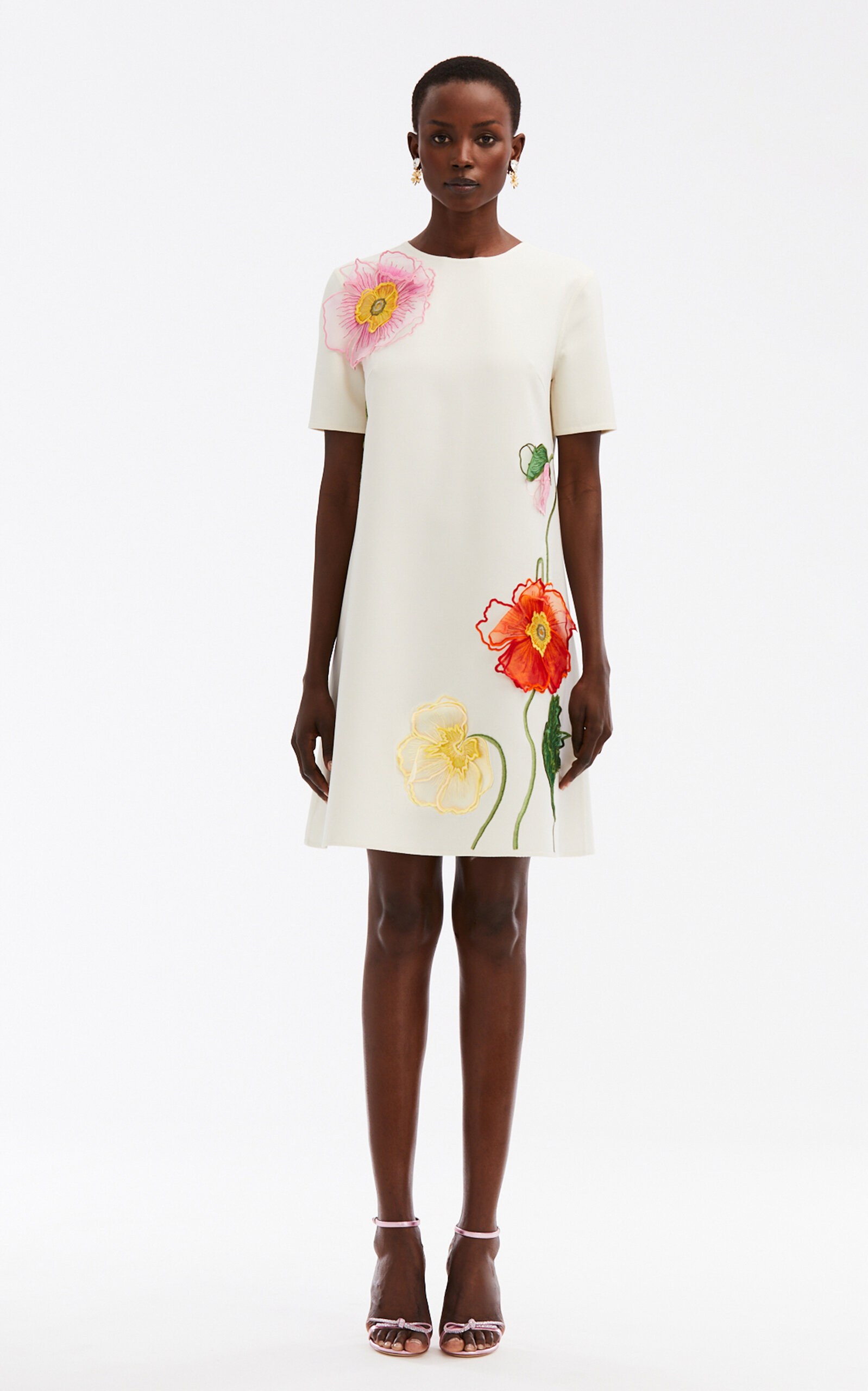 Oscar De La Renta Painted Poppies Embroidered Shift Dress In Ivory