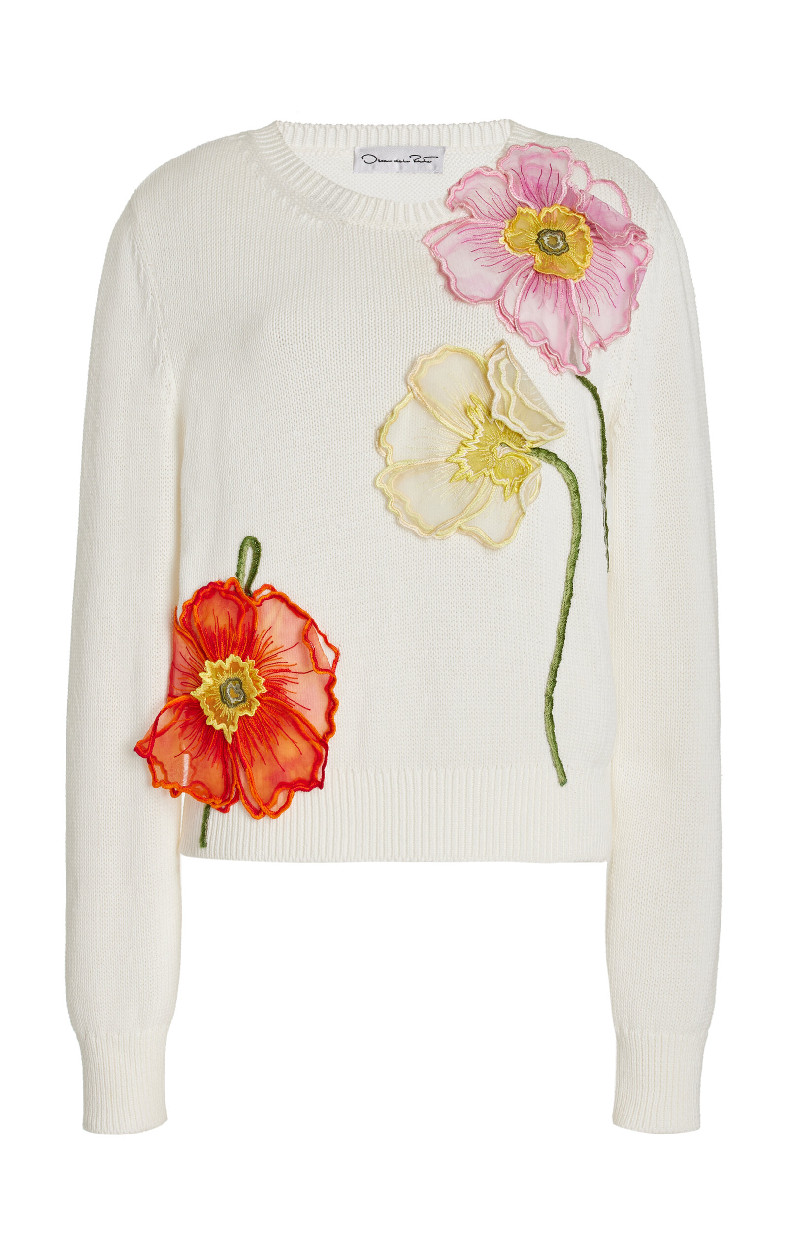 Shop Oscar De La Renta Painted-poppies Cotton-organza Sweater In White