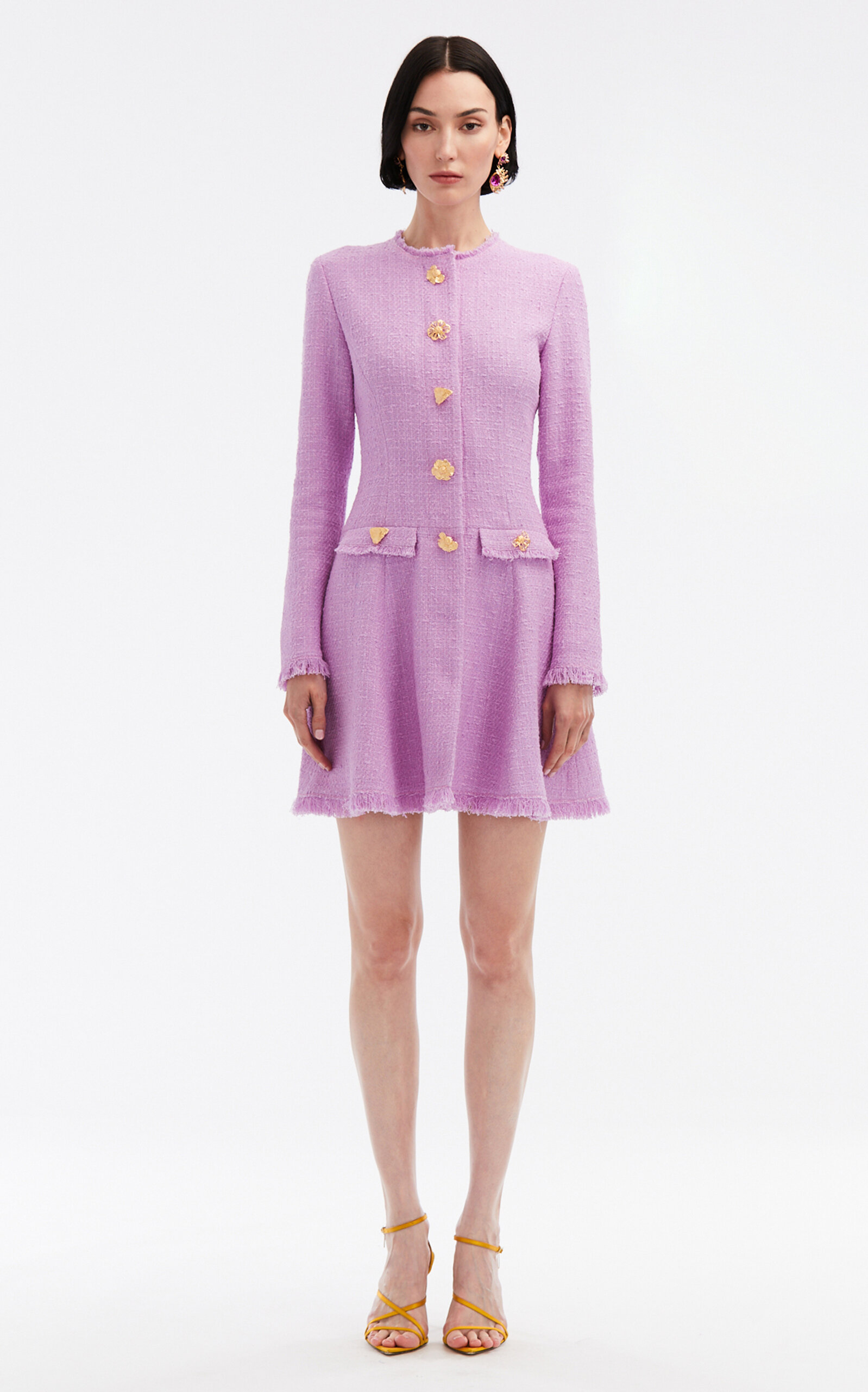 Oscar De La Renta Long Sleeve Zip Front Cotton Tweed Dress In Purple