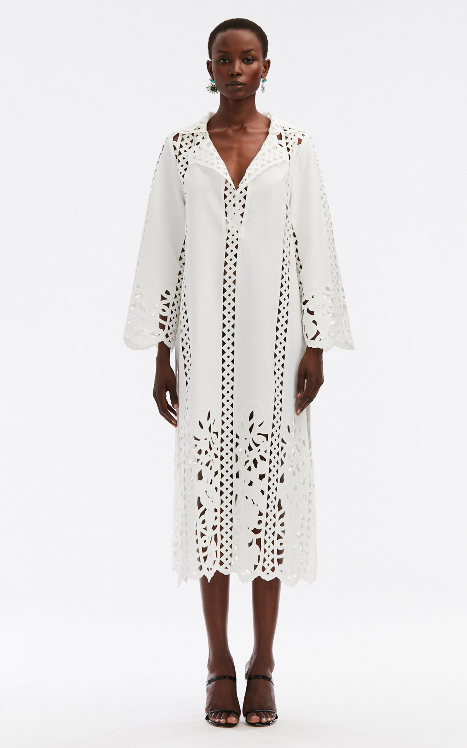 Oscar De La Renta Runway Cream Sheer Embroidery Shell Belt Anglais Dress In White
