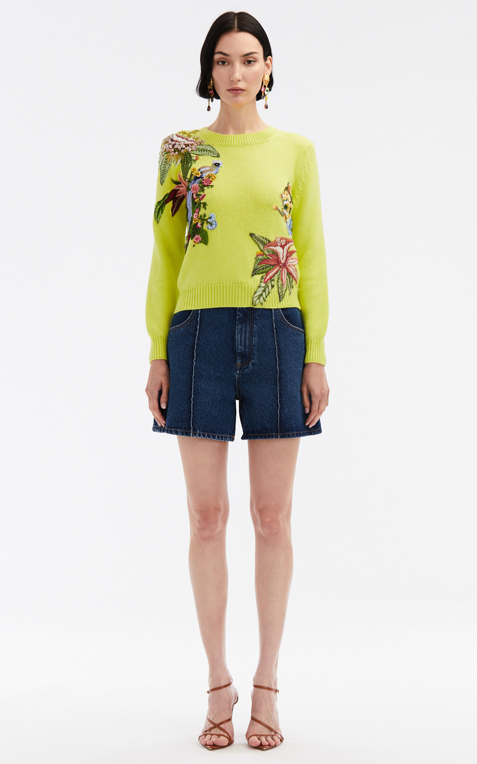 Oscar De La Renta Floral & Fauna Threadwork Embroidered Pullover In Yellow