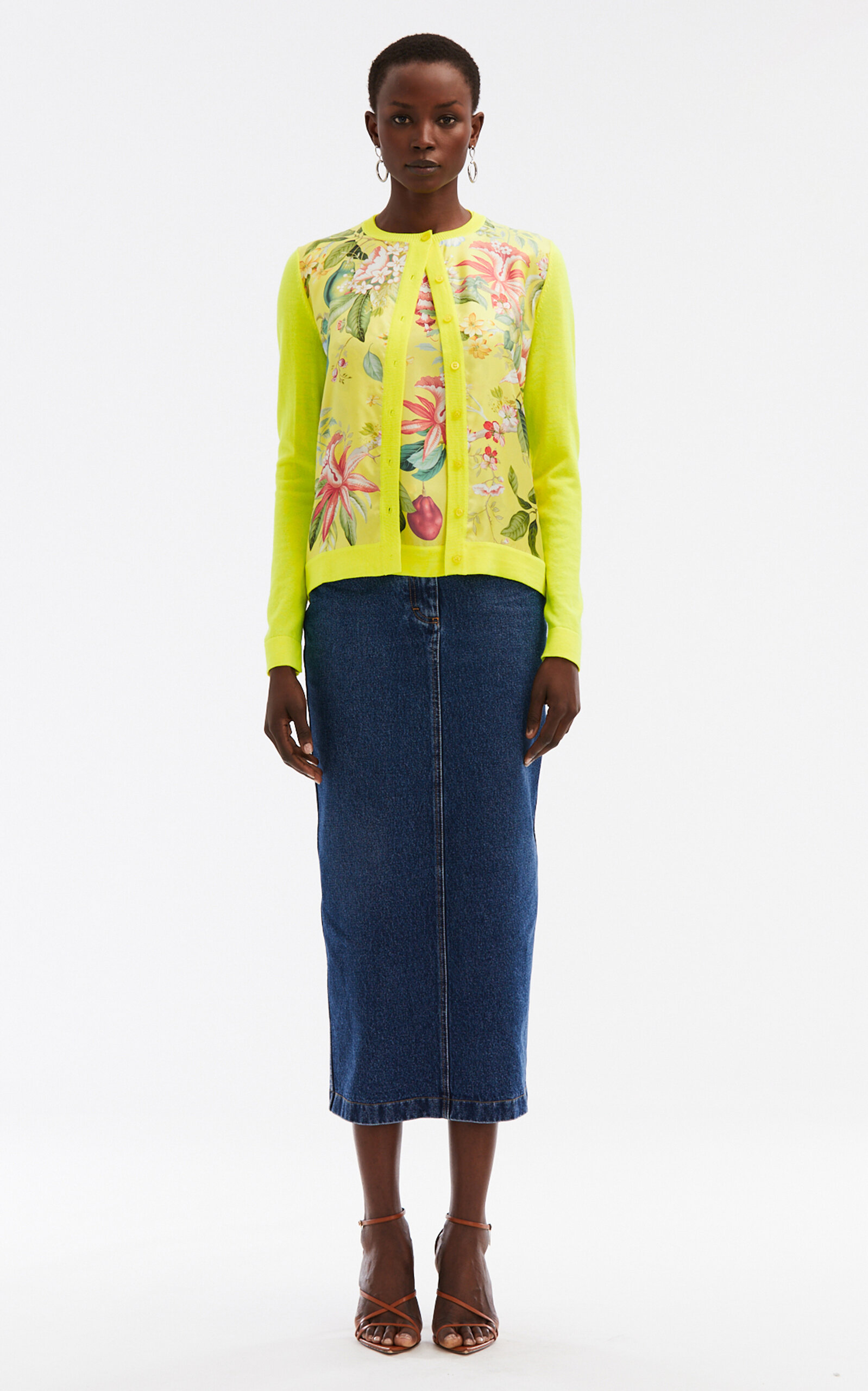 Oscar De La Renta Long Sleeve Floral & Fauna Inset Cardigan In Yellow
