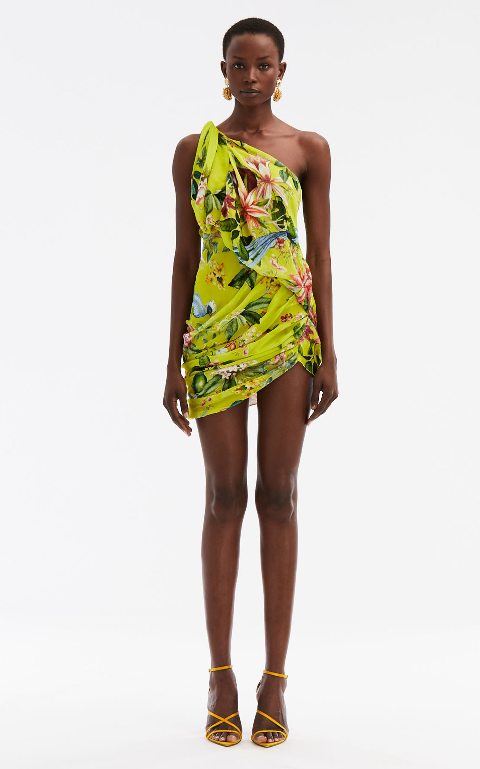 Oscar De La Renta One Shoudler Draped Floral Burnout Velvet Dress In Yellow