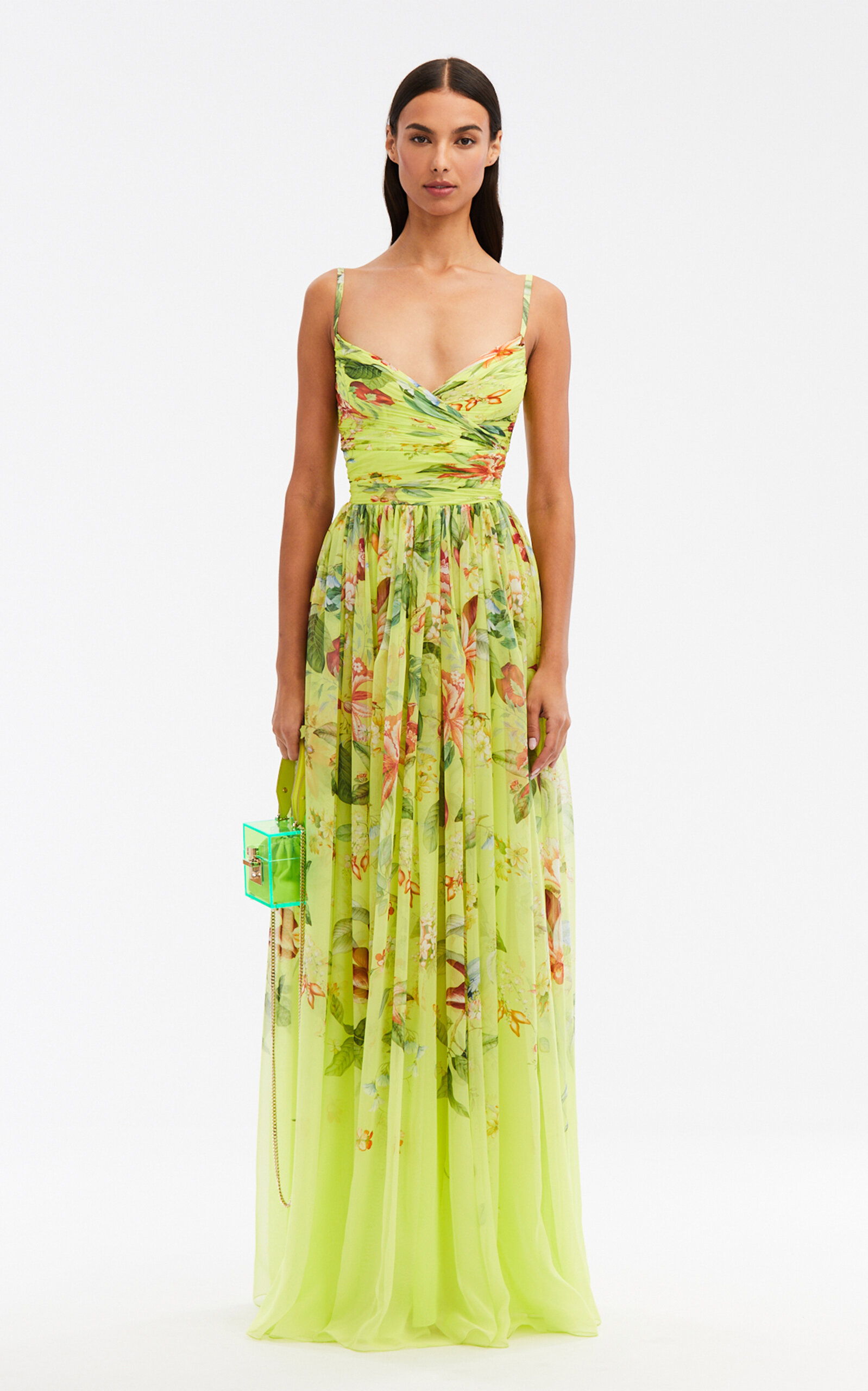 Oscar De La Renta Draped V Neck Floral & Fauna Chiffon Gown In Yellow