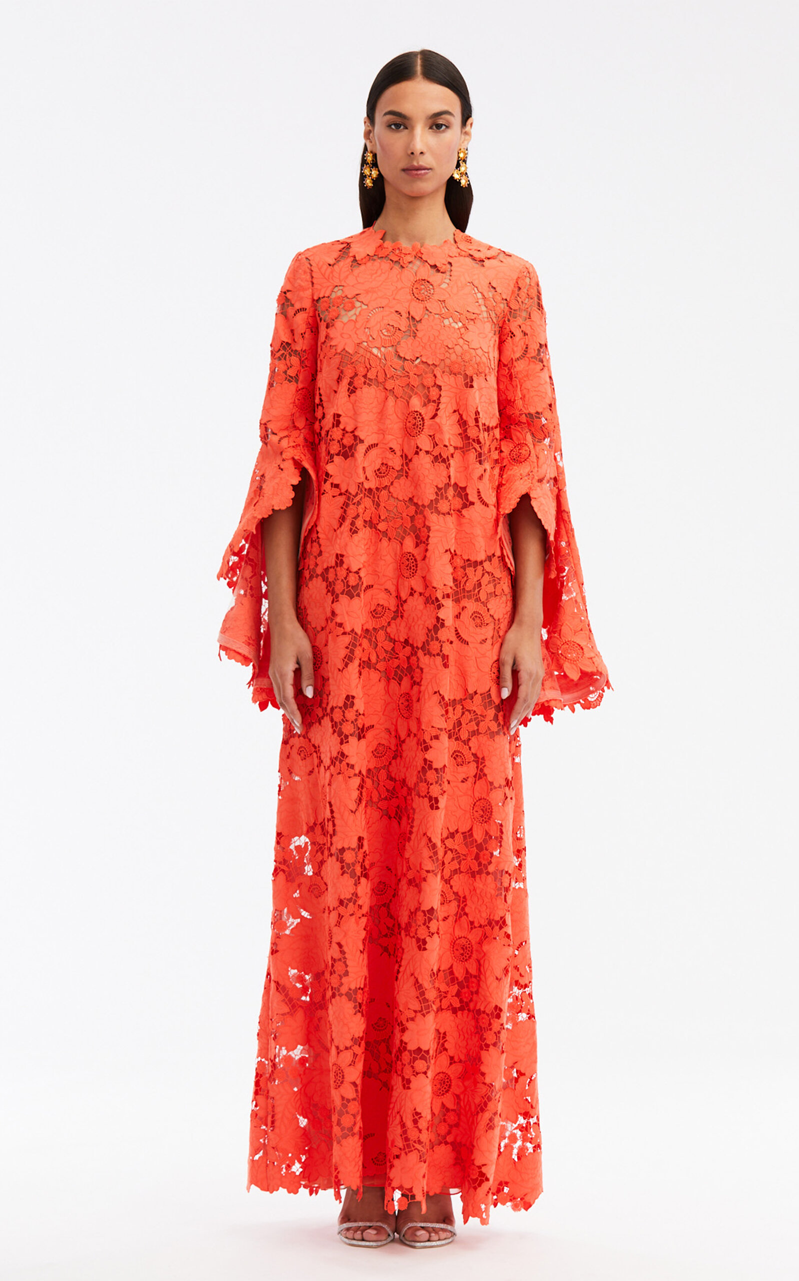 Oscar De La Renta Flare Sleeve Botanical Guipure Caftan In Orange