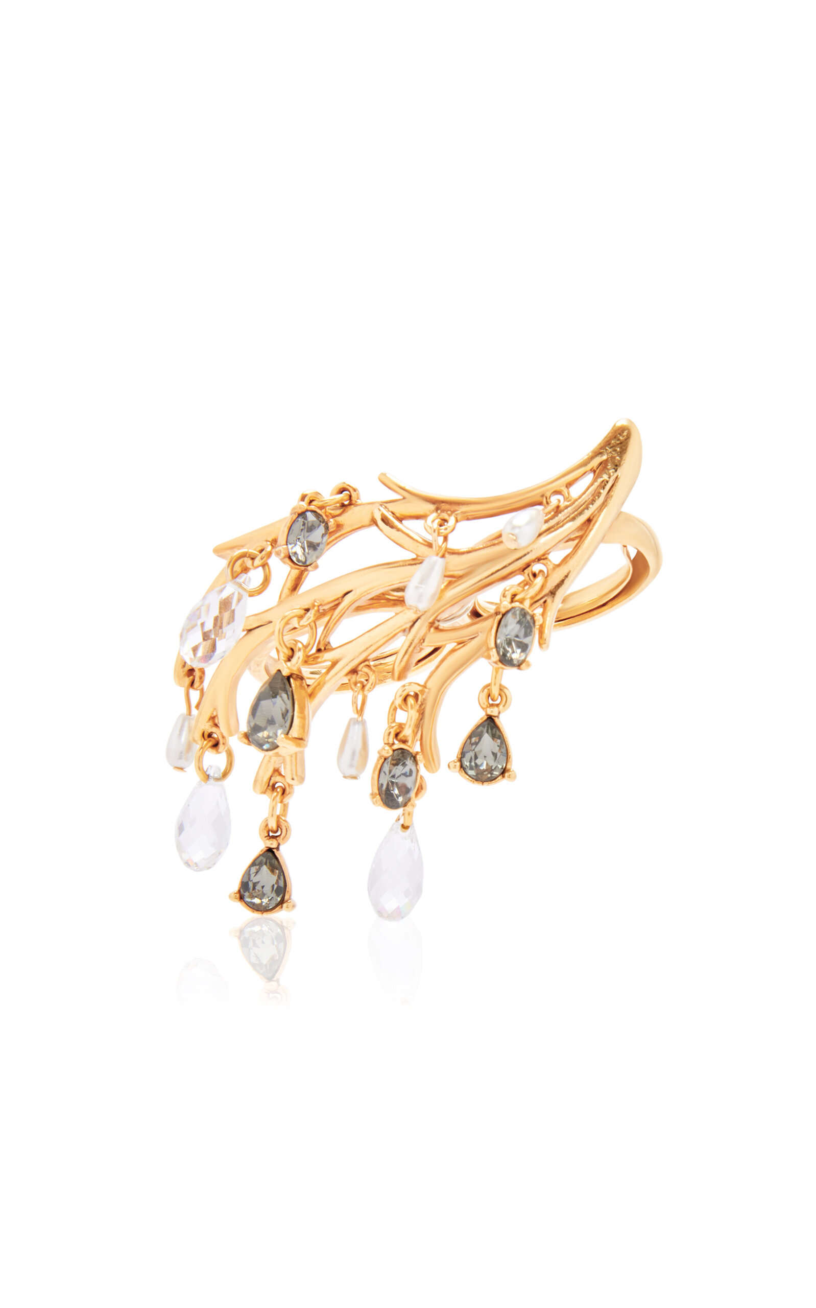 Oscar De La Renta Crystal & Pearl Branch Double Ring In White