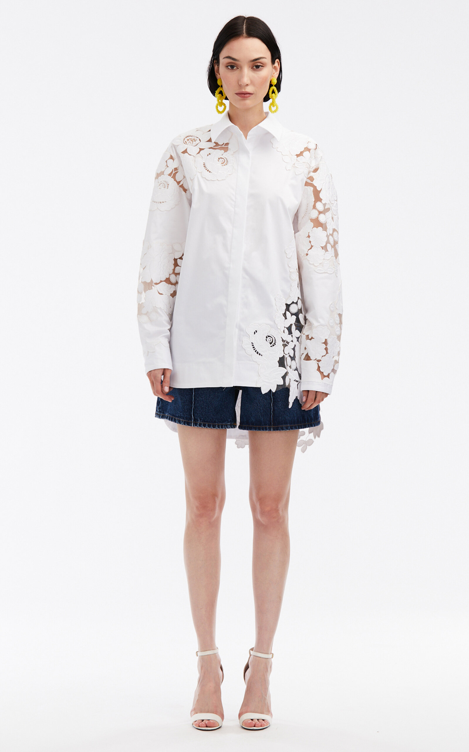 Oscar De La Renta Long Sleeve Mixed Botanical Embroidered Cotton Tunic In White