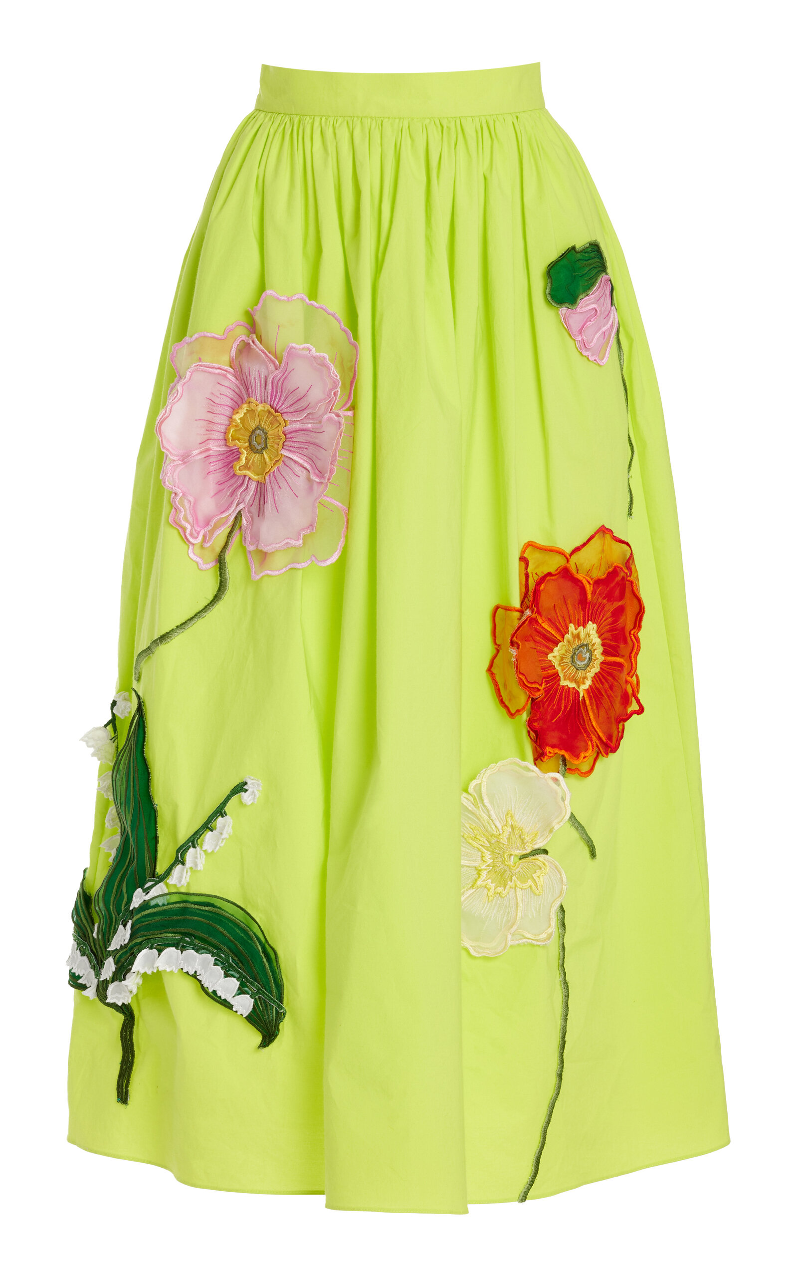 Oscar De La Renta Painted Poppies Cotton Poplin Skirt In Neon Yellow