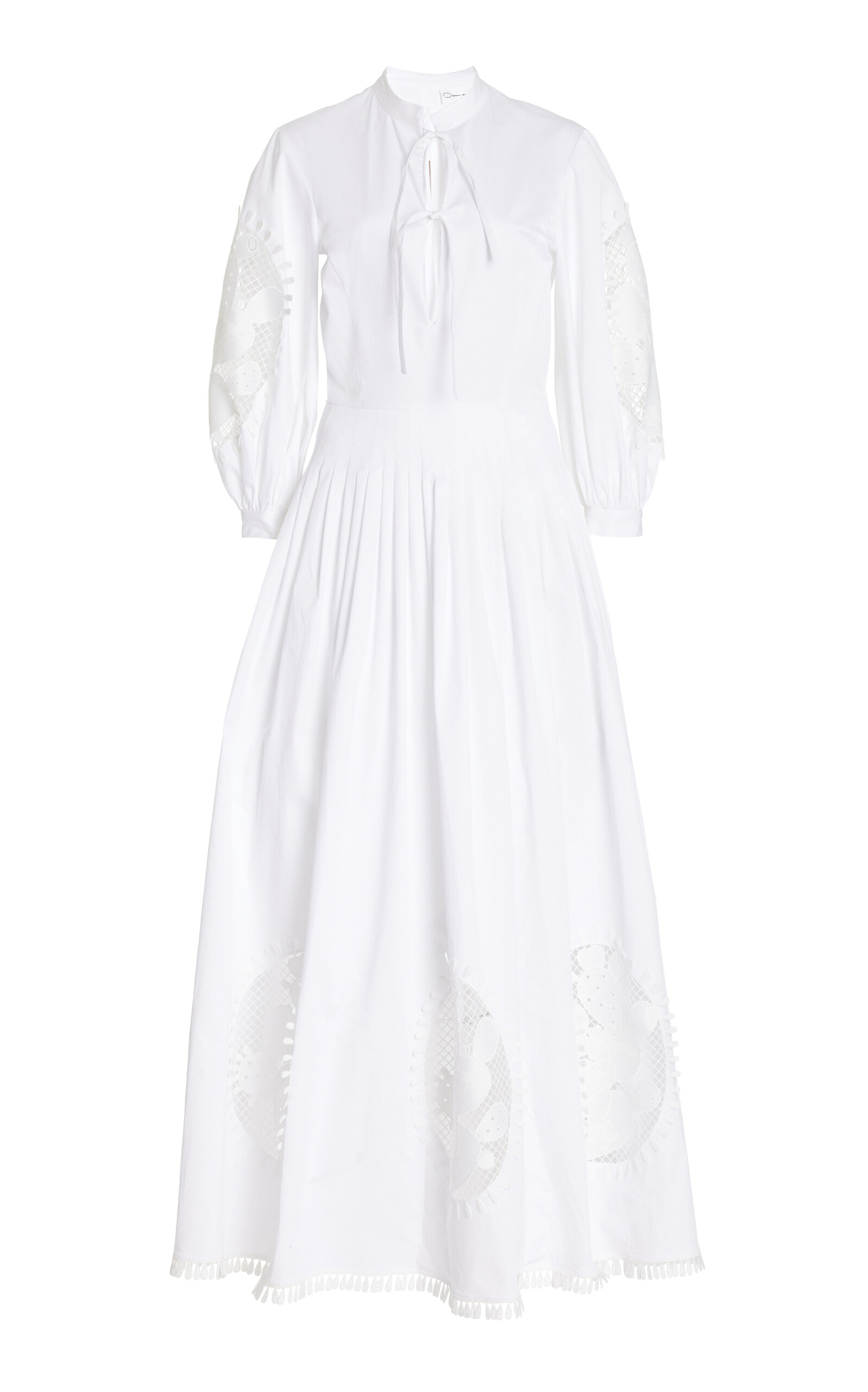 Oscar De La Renta Embroidered Pleated Cotton Maxi Dress In White
