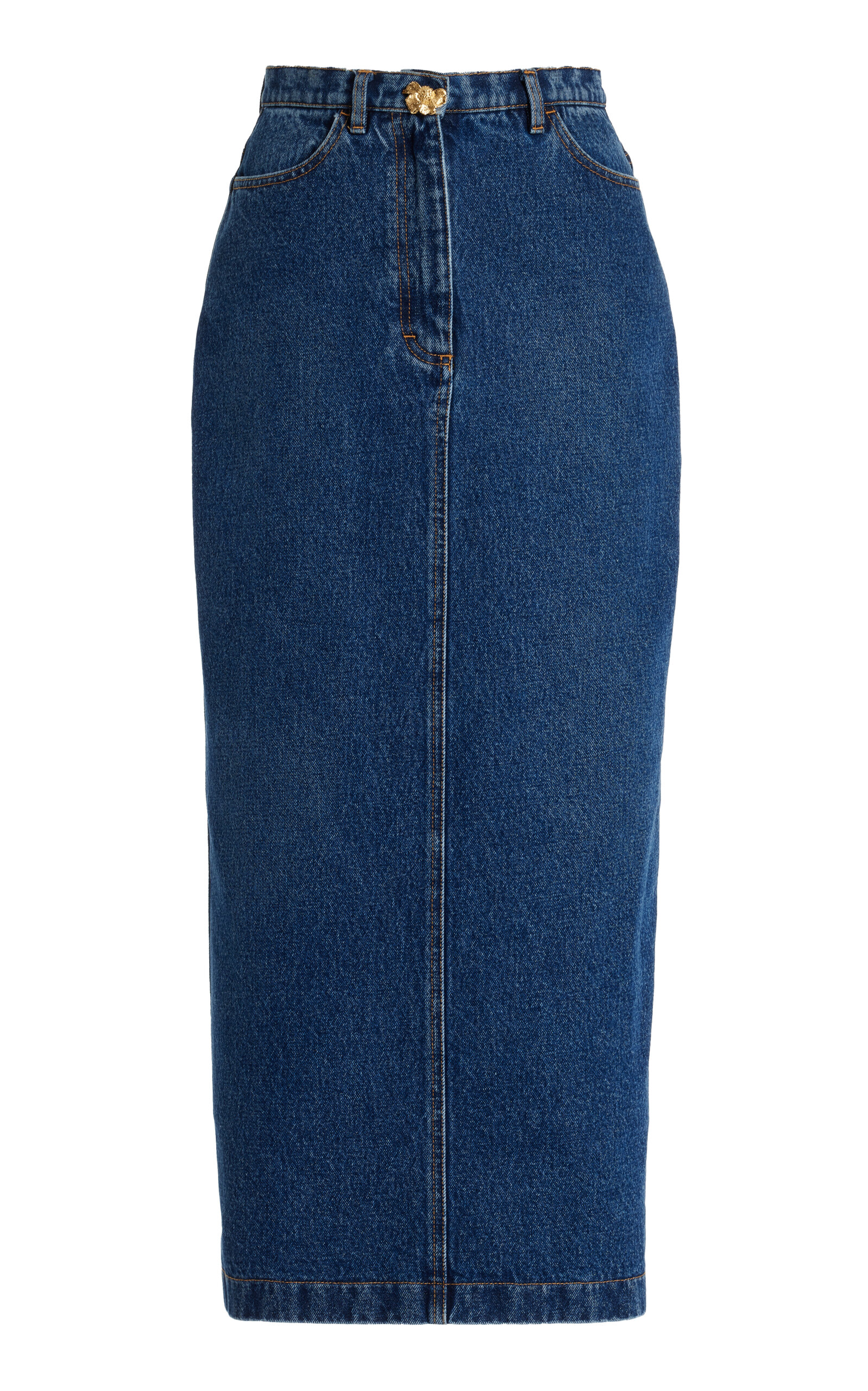 Oscar De La Renta Denim Pencil Midi Skirt In Blue