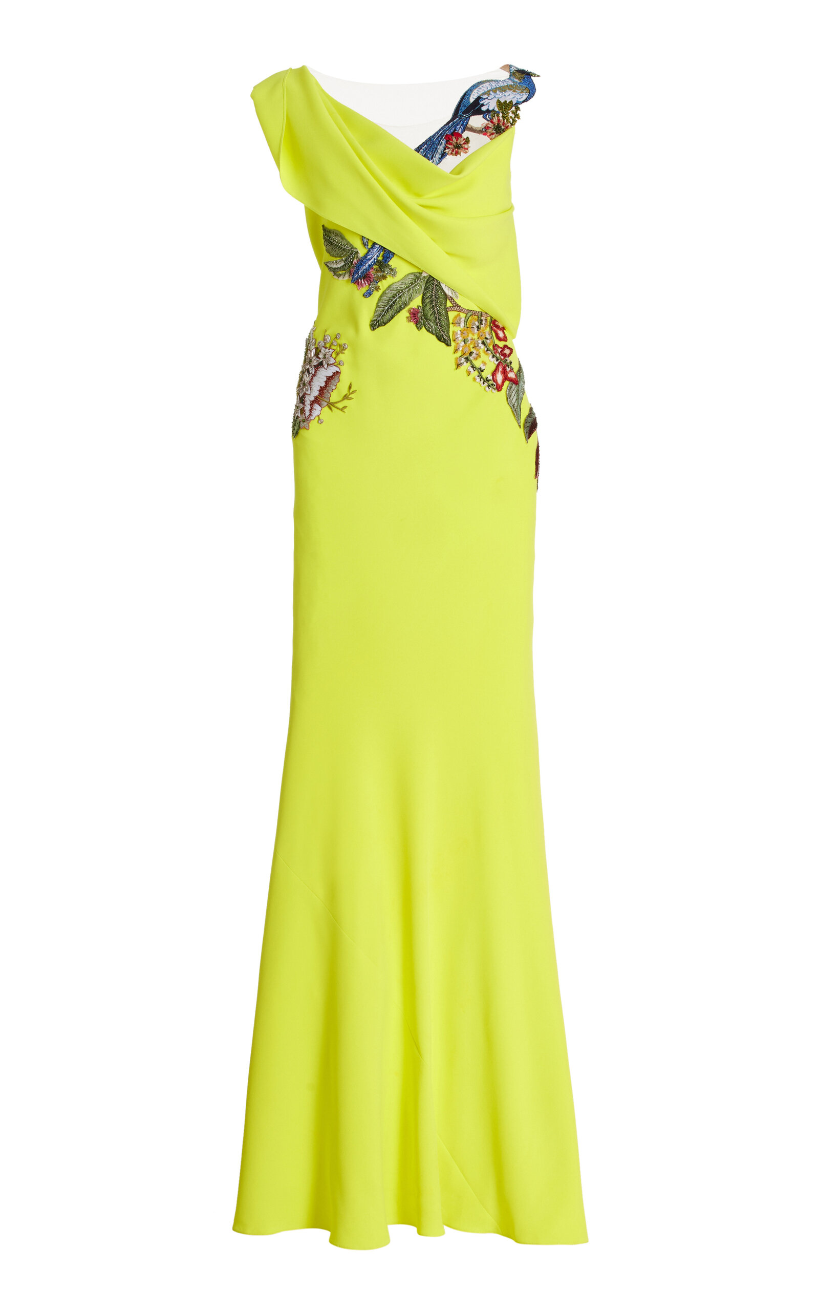 Oscar De La Renta Floral & Fauna Embroidered Draped Gown In Yellow
